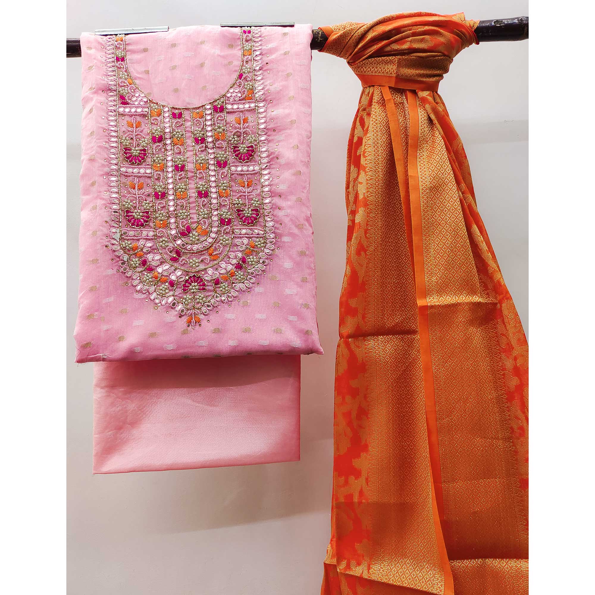 Pink Woven With Handwork Banarasi Silk Dress Material
