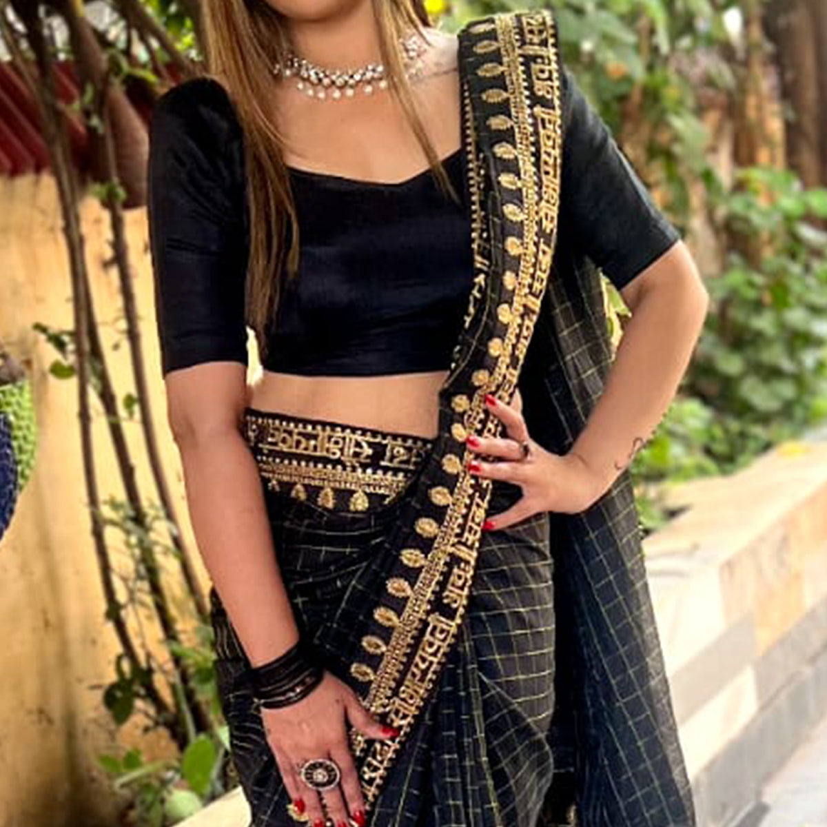 Black Checks With Embroidered Border Modal Saree