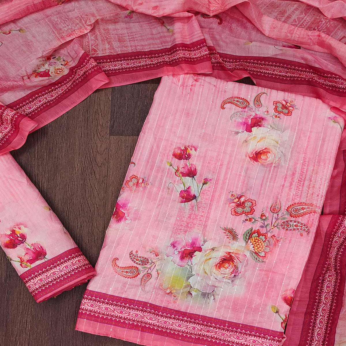 Pink Floral Digital Printed Muslin Dress Material