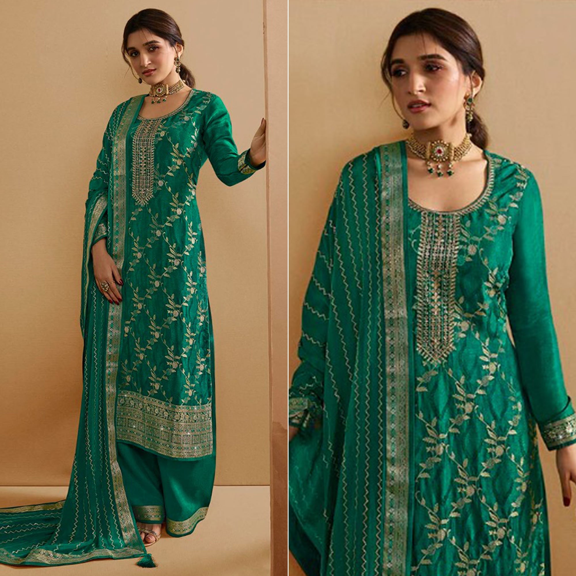 Green Woven And Embroidered Dola Silk Palazzo Suit