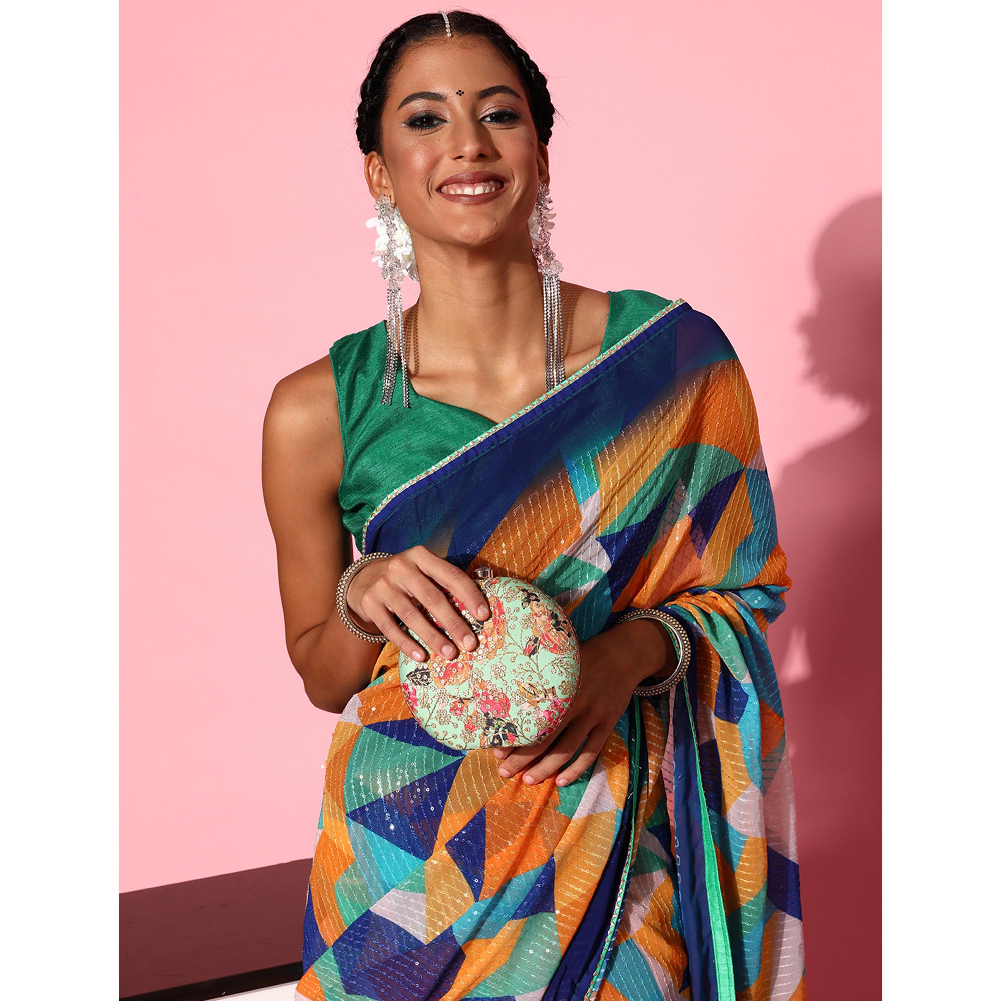 Multicolored Printed With Sequins Embroidered Georgette Saree