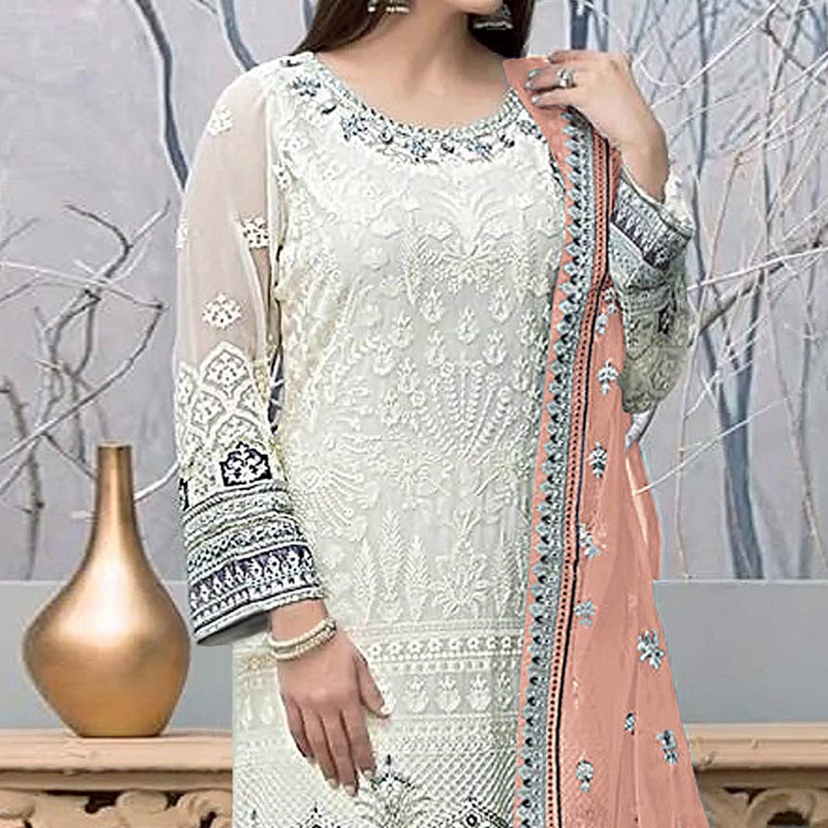 White Embroidered Georgette Pakistani Suit