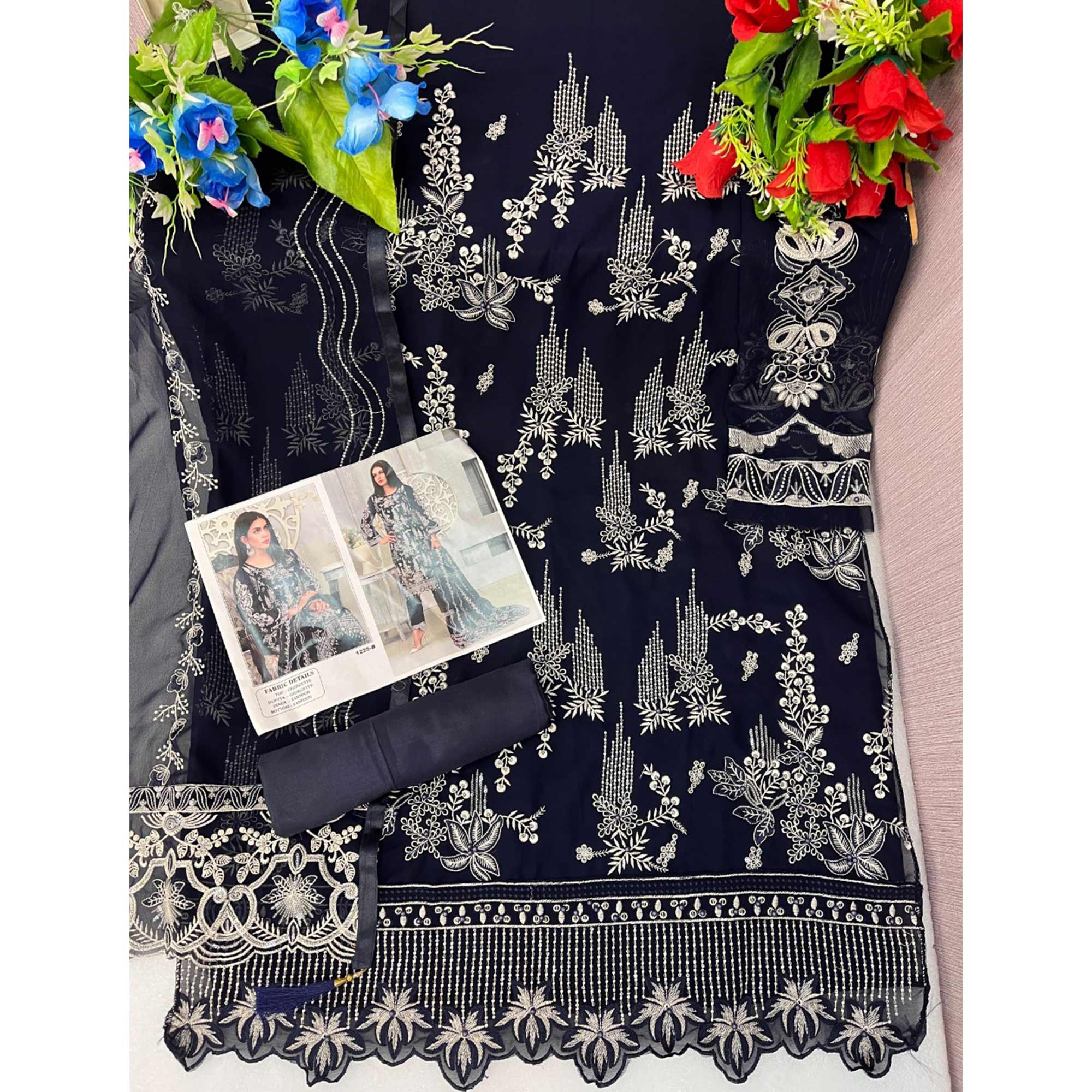 Navy Blue Floral Embroidered Georgette Pakistani Suit