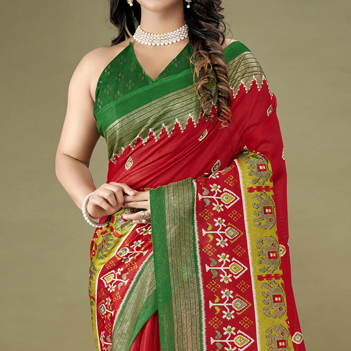 Red Printed Jute Patola Saree