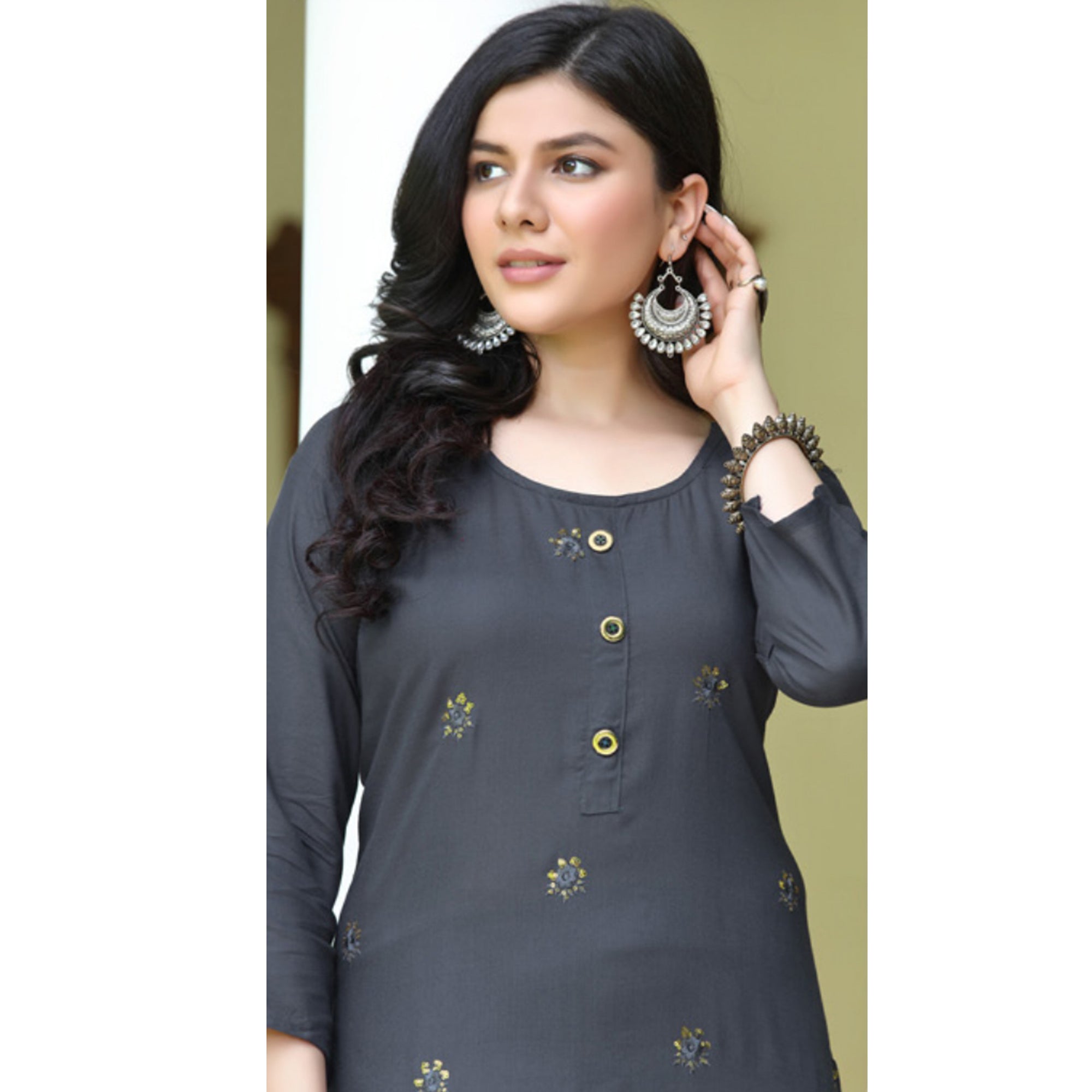 Grey Embroidered Rayon Kurti