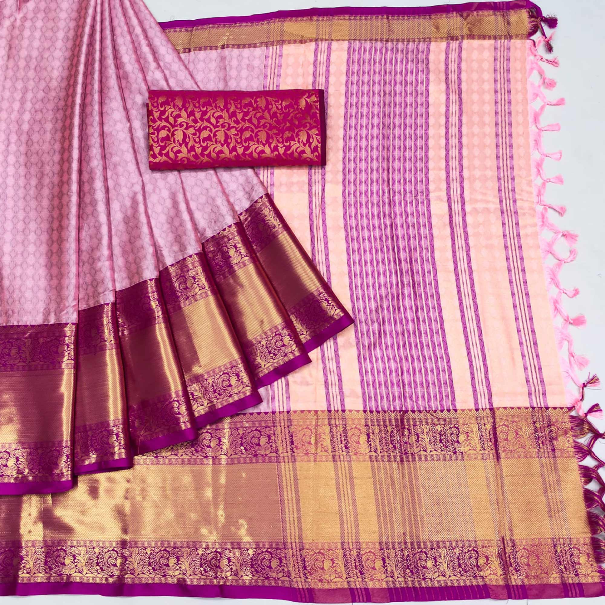 Blush Pink Woven Cotton Silk Saree With Tassels