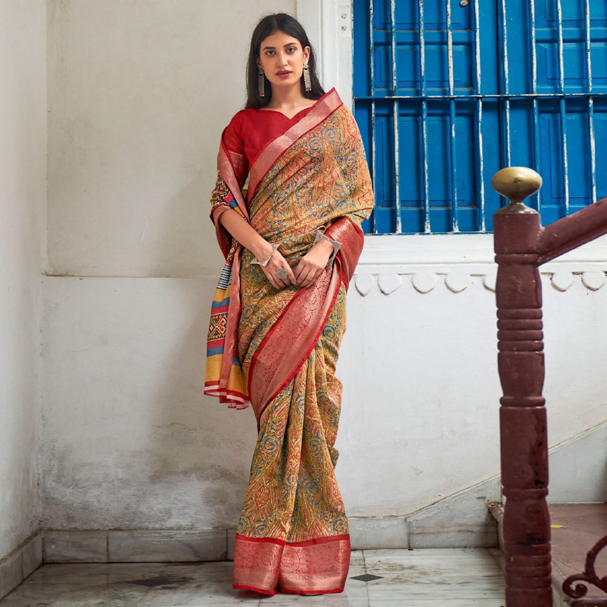 Mustard-Grey Printed With Woven Border Raw Silk Saree