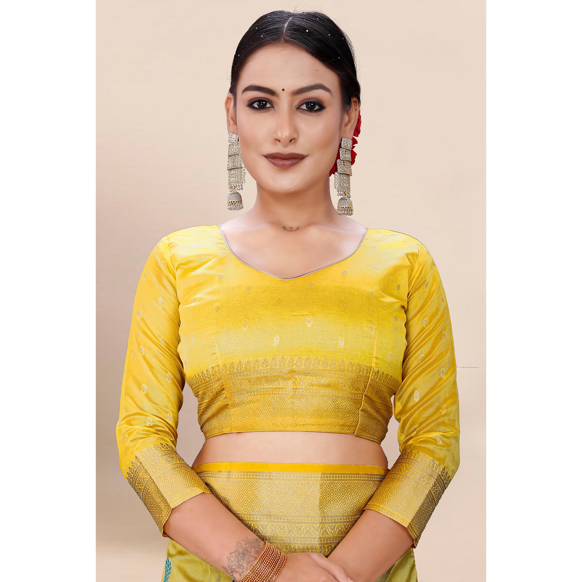 Yellow Woven Organza Saree With Tassels