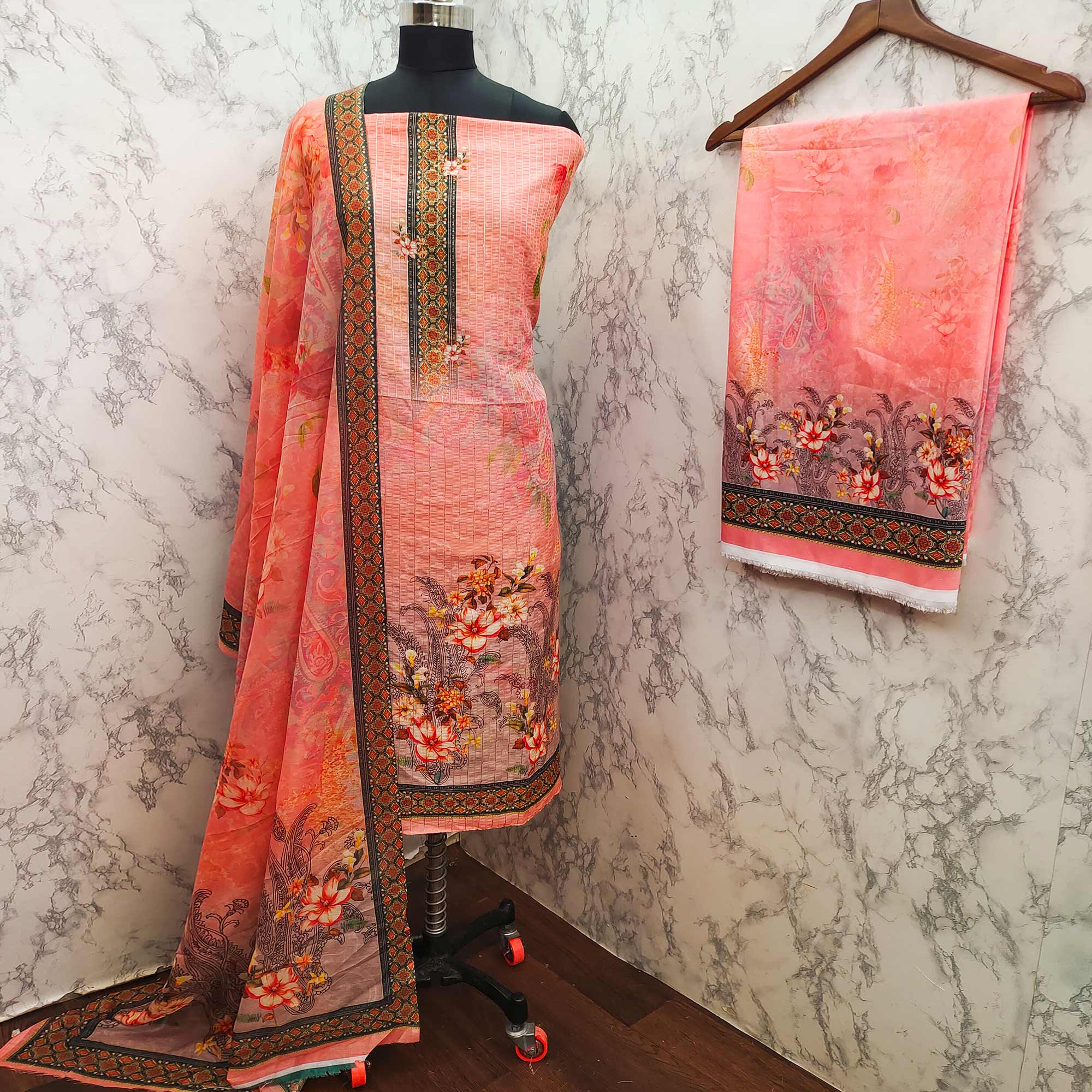 Peach Floral Digital Printed Muslin Dress Material