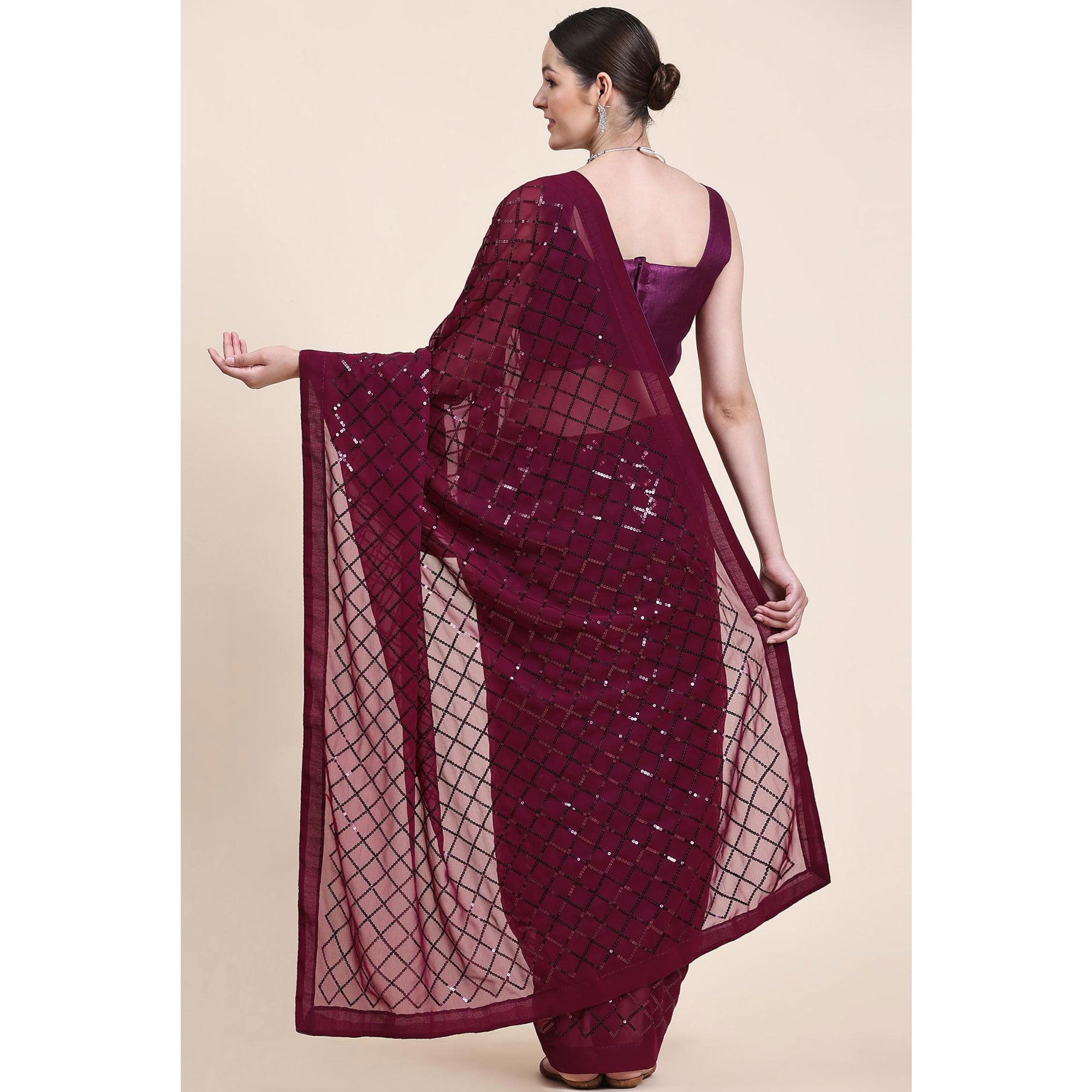 Wine Sequins Embroidered Georgette Saree