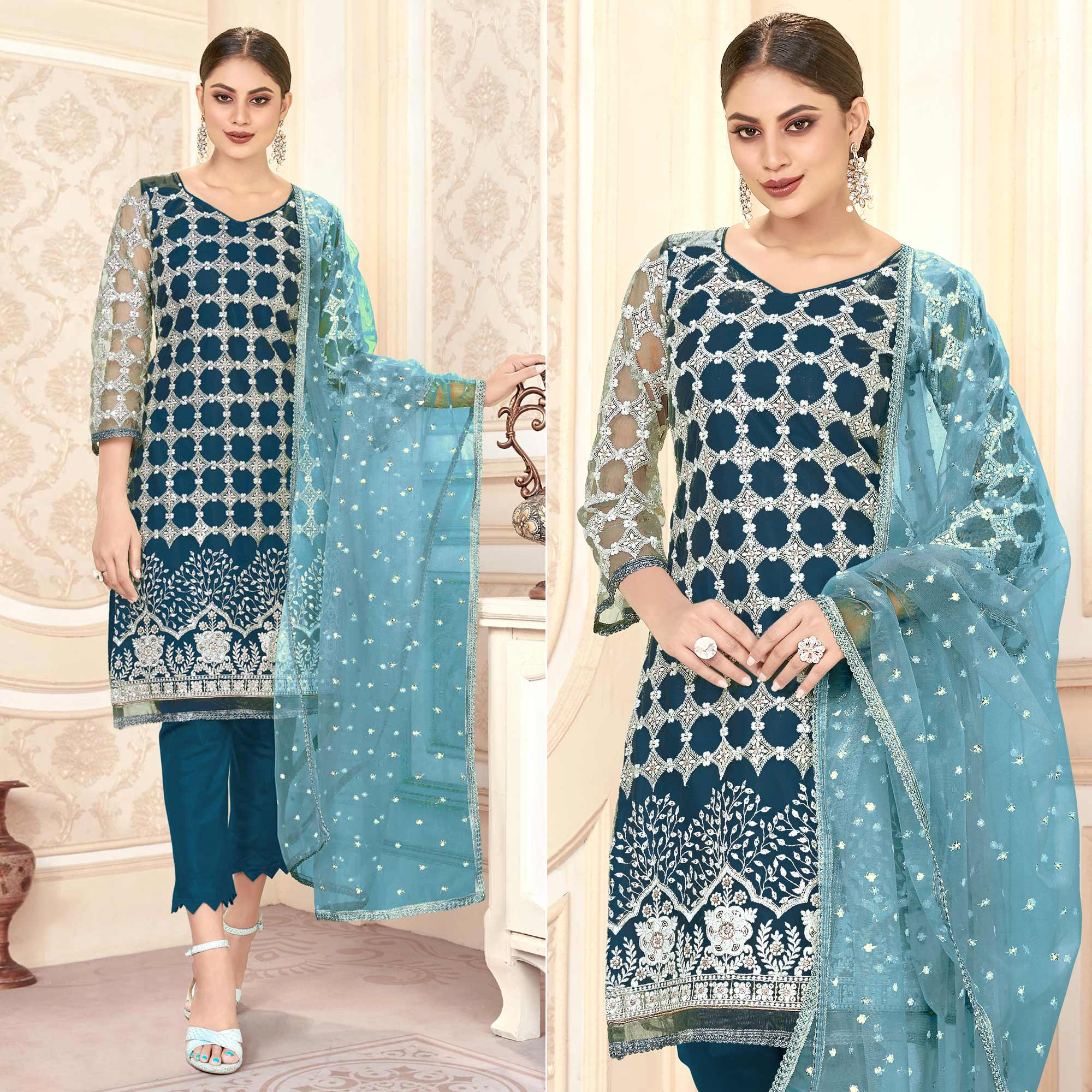Morpich Sequins Embroidered Net Semi Stitched Suit