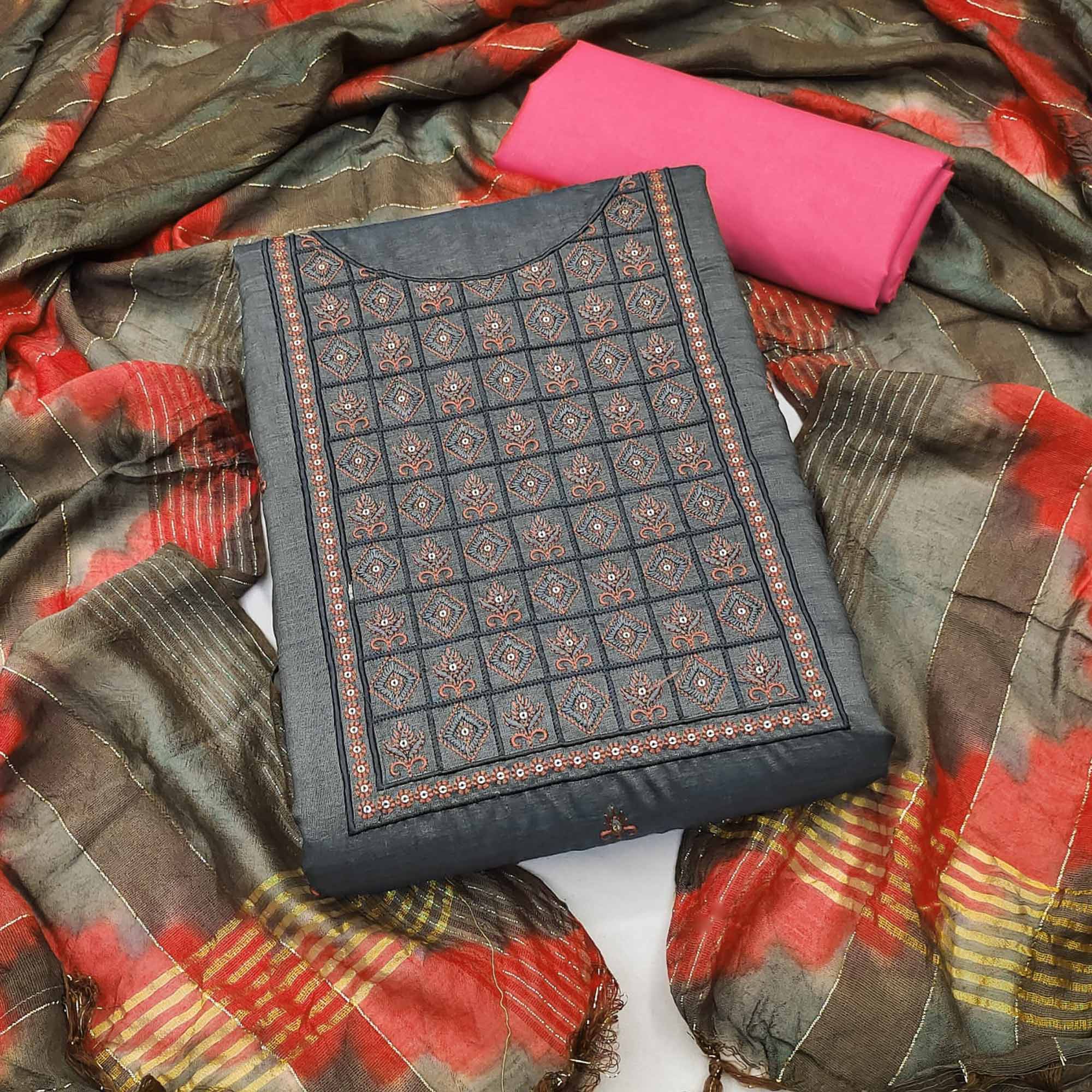 Grey Embroidered Cotton Blend Dress Material