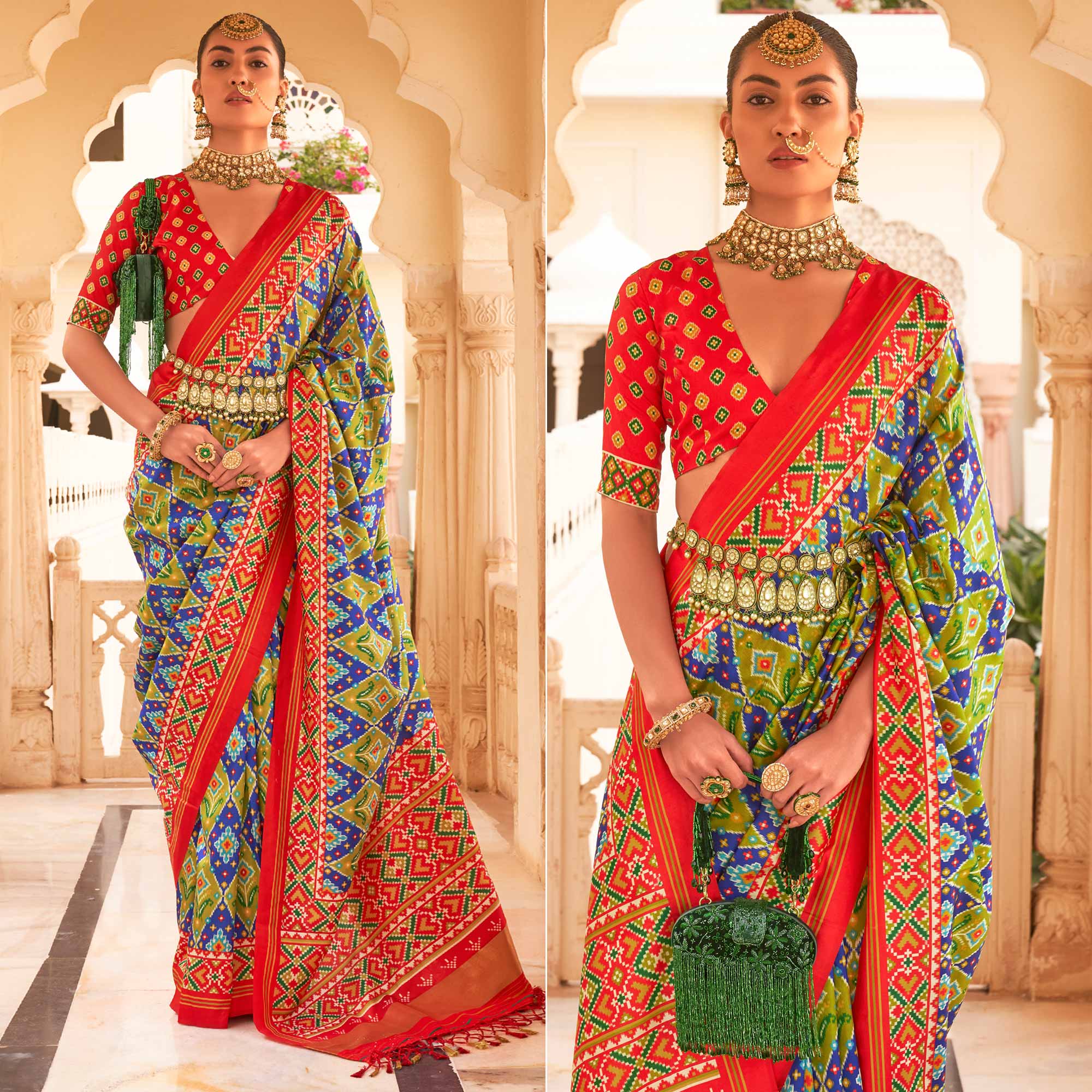 Green & Blue Printed Tussar Silk Saree With Tassels