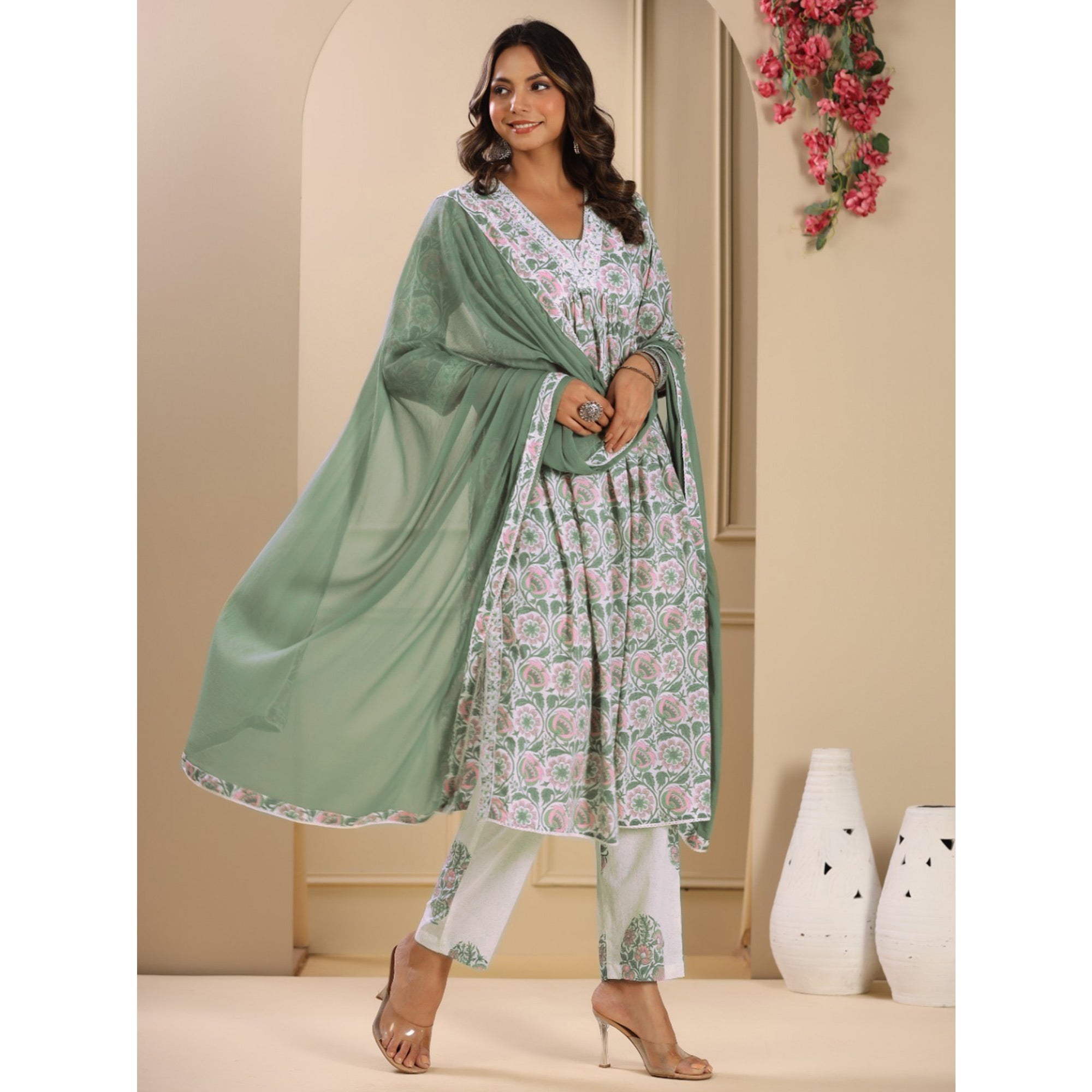 Green Floral Printed Pure Cotton Naira Cut Suit