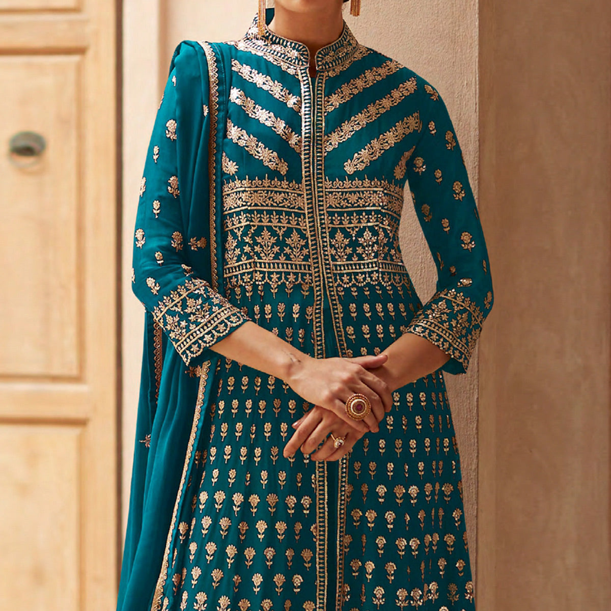 Blue Sequins Embroidered Georgette Palazzo Suit