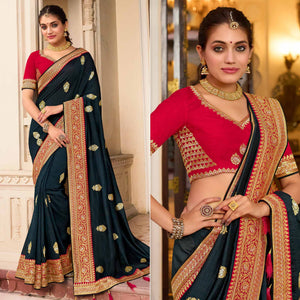 Black Embroidered Vichitra Silk Saree With With Tassels
