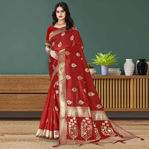 Red Woven Art Silk Saree With Tassels