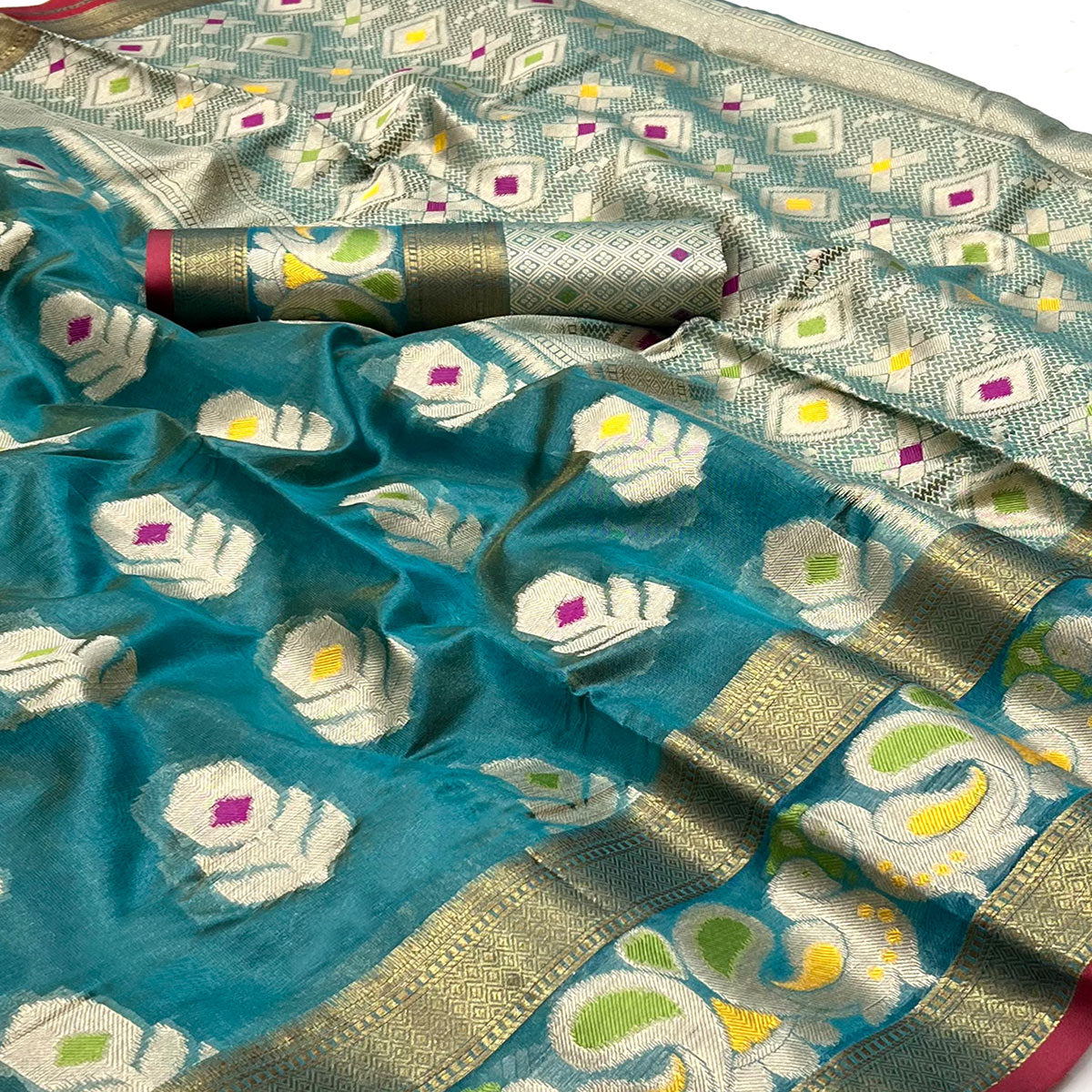 Rama Blue Woven Jacquard Saree