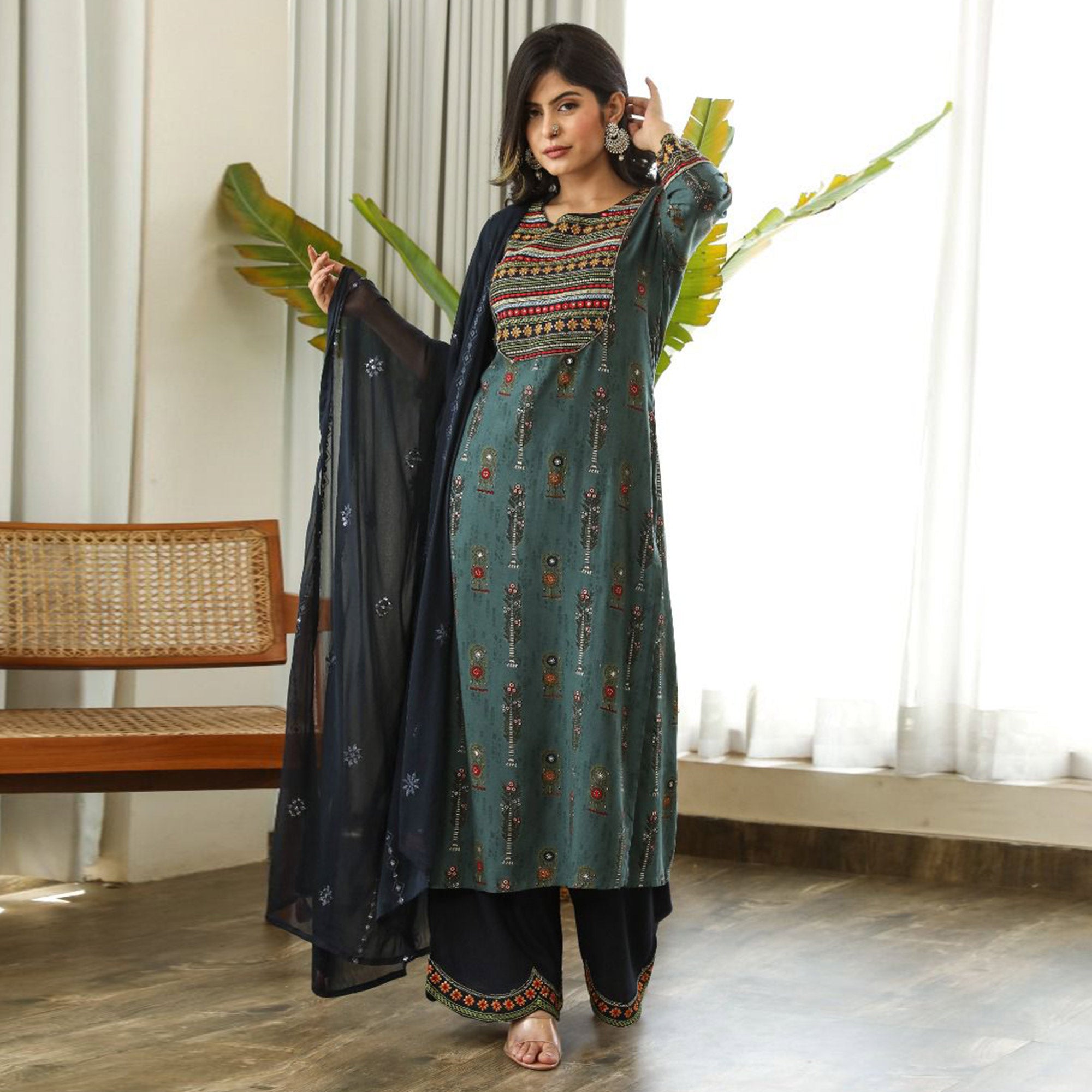 Blue Printed With Embroidered Rayon Palazzo Suit