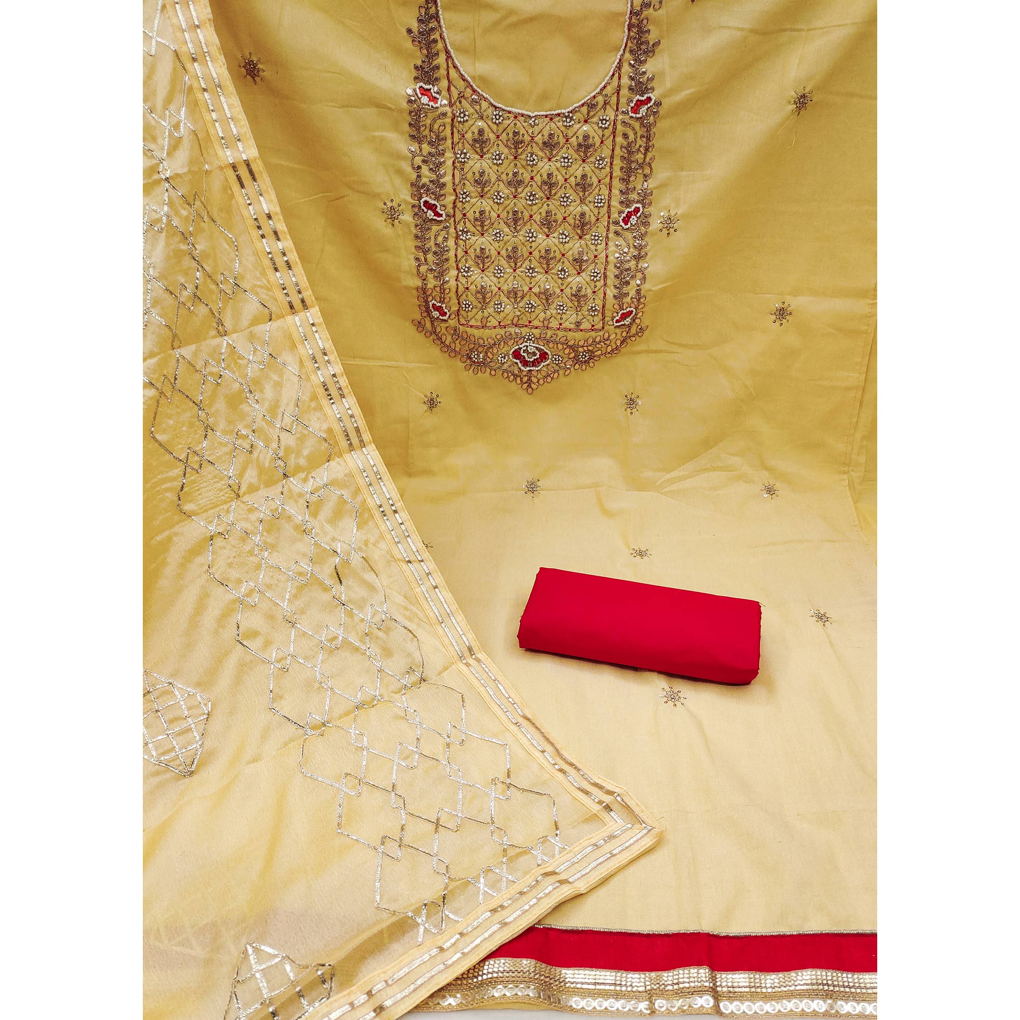 Yellow Embroidered Cotton Blend Dress Material