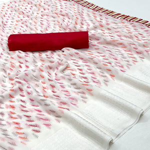 White Printed With Checks Border Georgette Saree