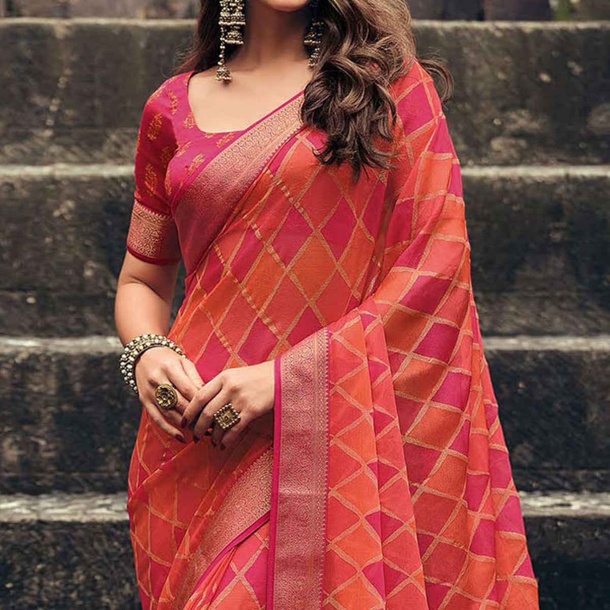 Peach & Pink Foil Printed Chiffon Saree