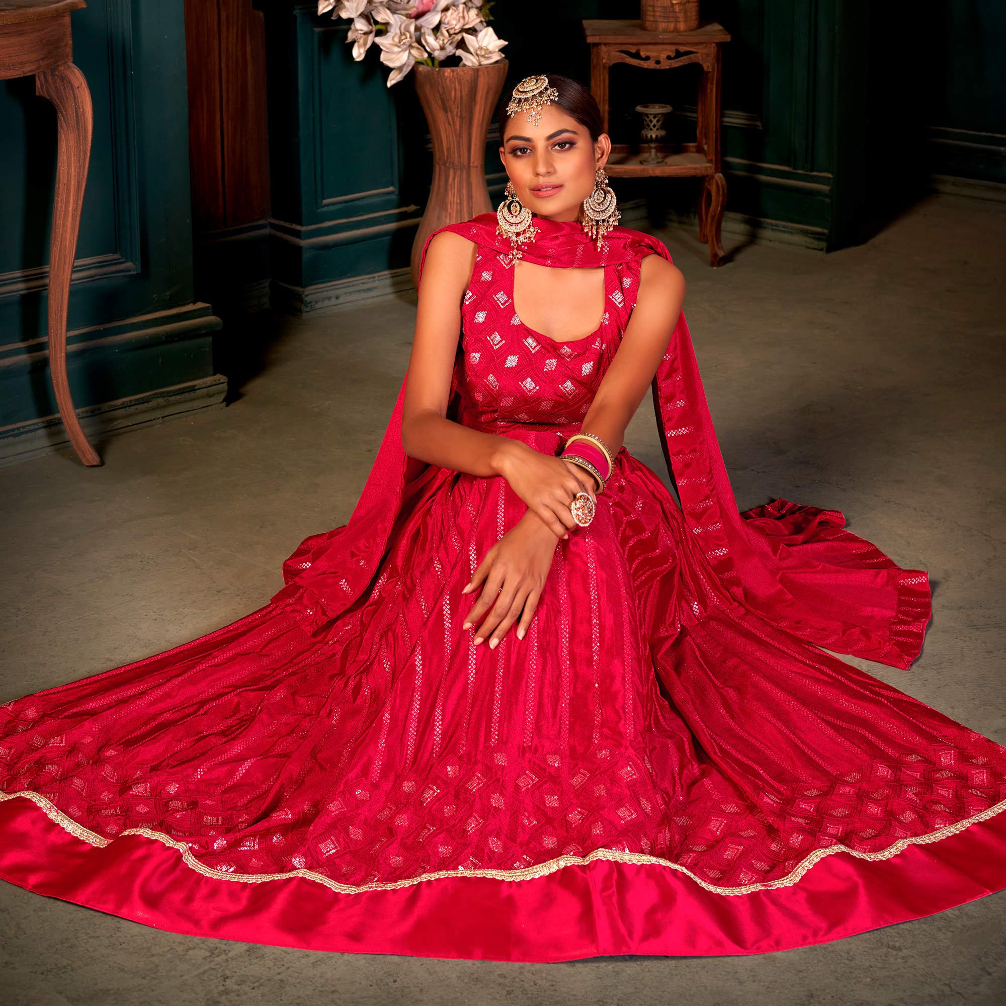 Pink Sequins Embroidered Chiffon Lehenga Choli