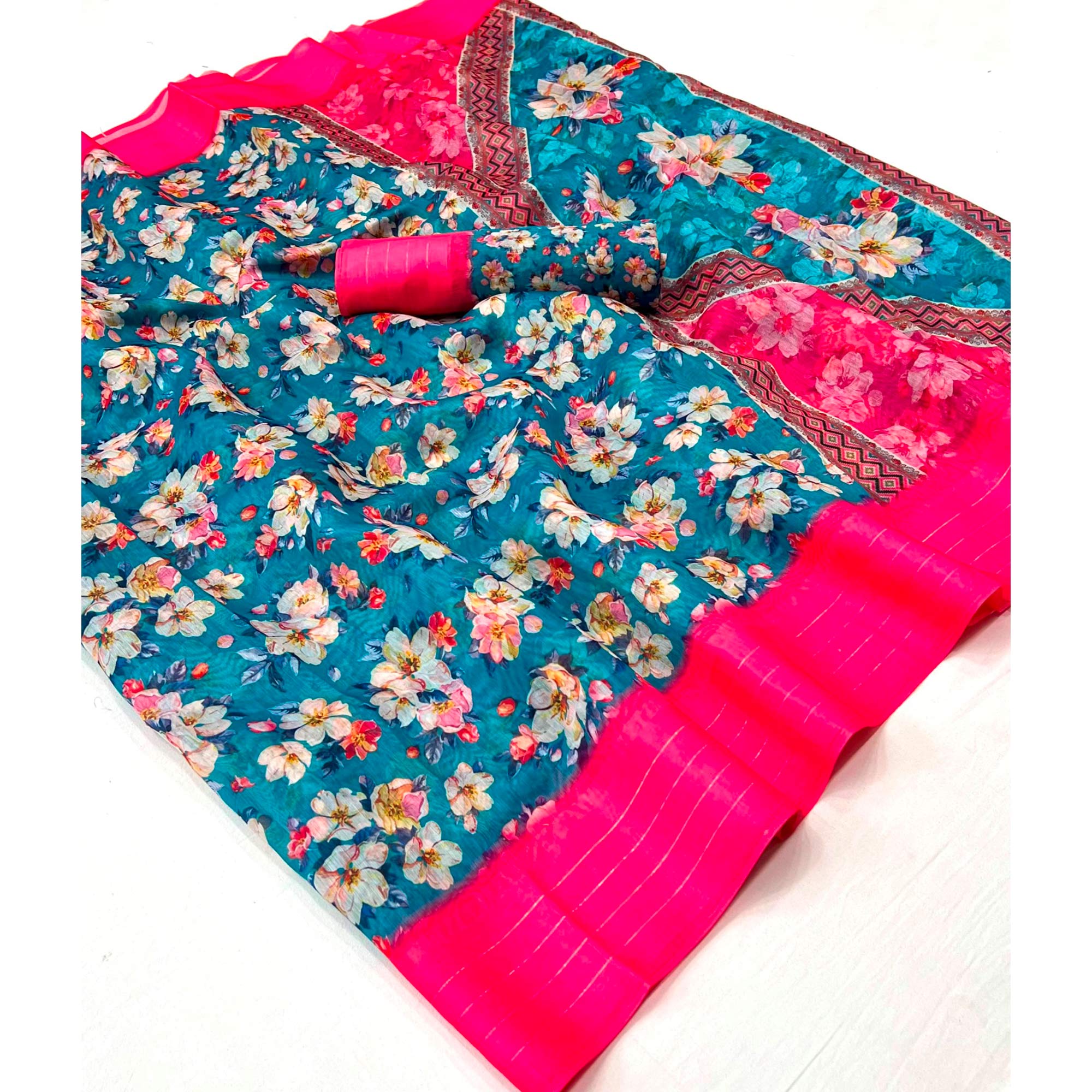Blue Digital Printed Cotton Blend Saree