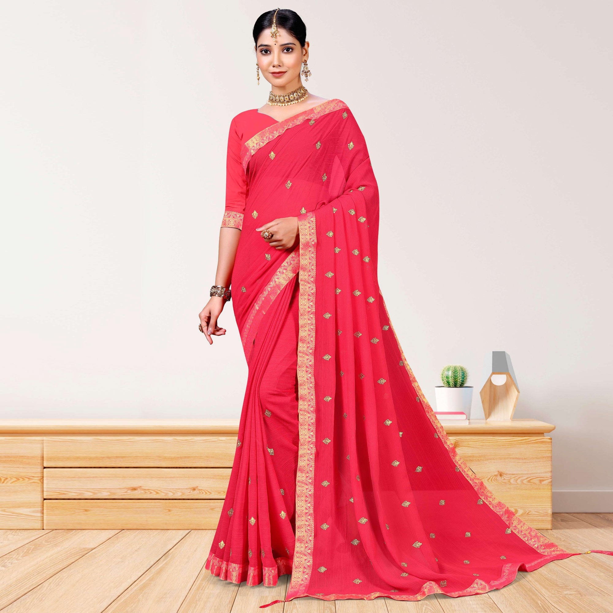 Pink Embroidered Chiffon Saree