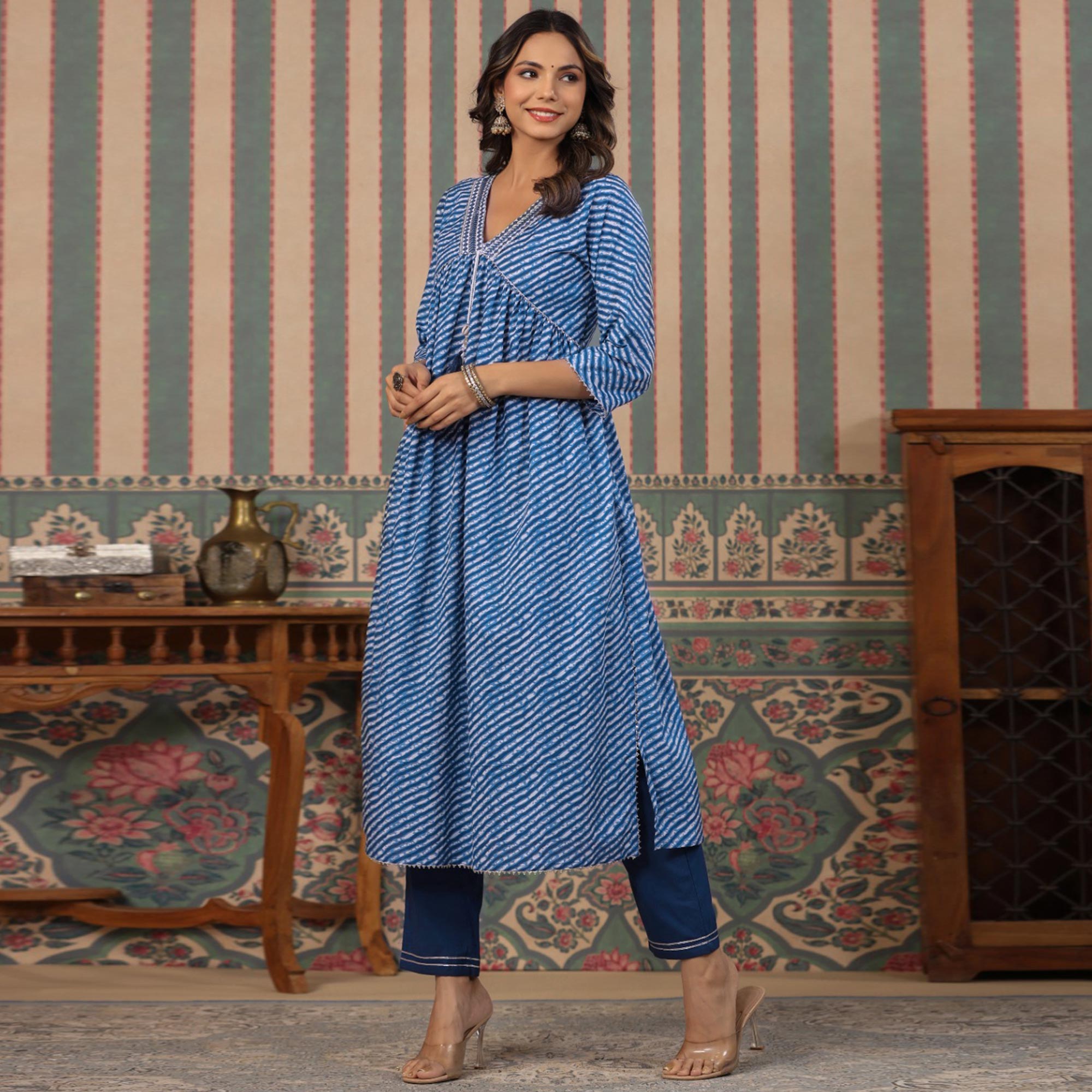Blue Striped Printed Gota Work Pure Cotton Alia Cut Kurti Pant Set