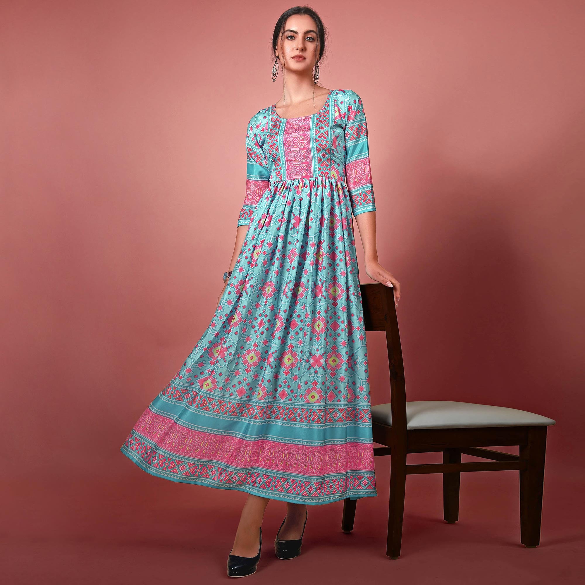 Sky Blue Digital Printed Chiffon Long Kurti