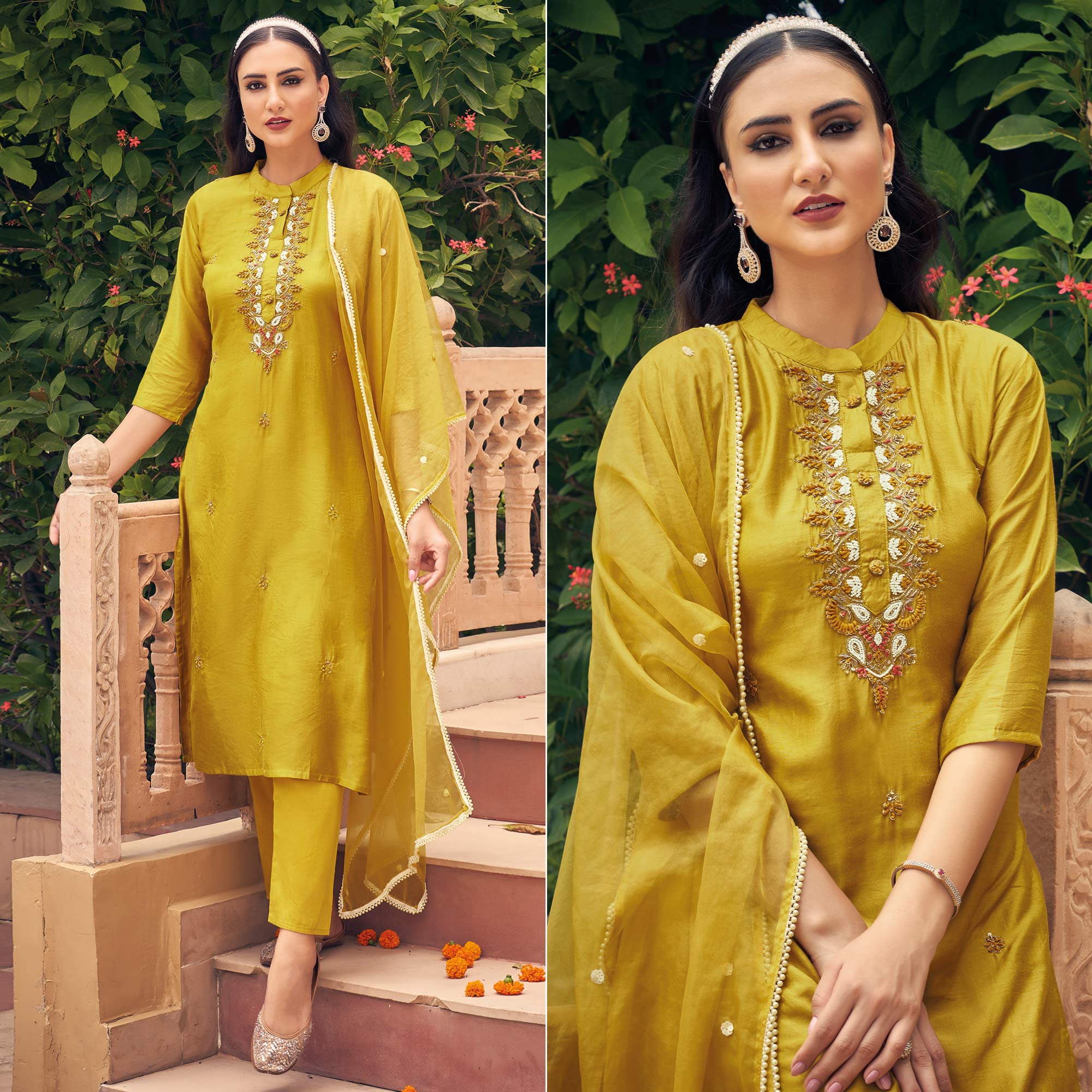 Mustard Embellished Viscose Salwar Suit