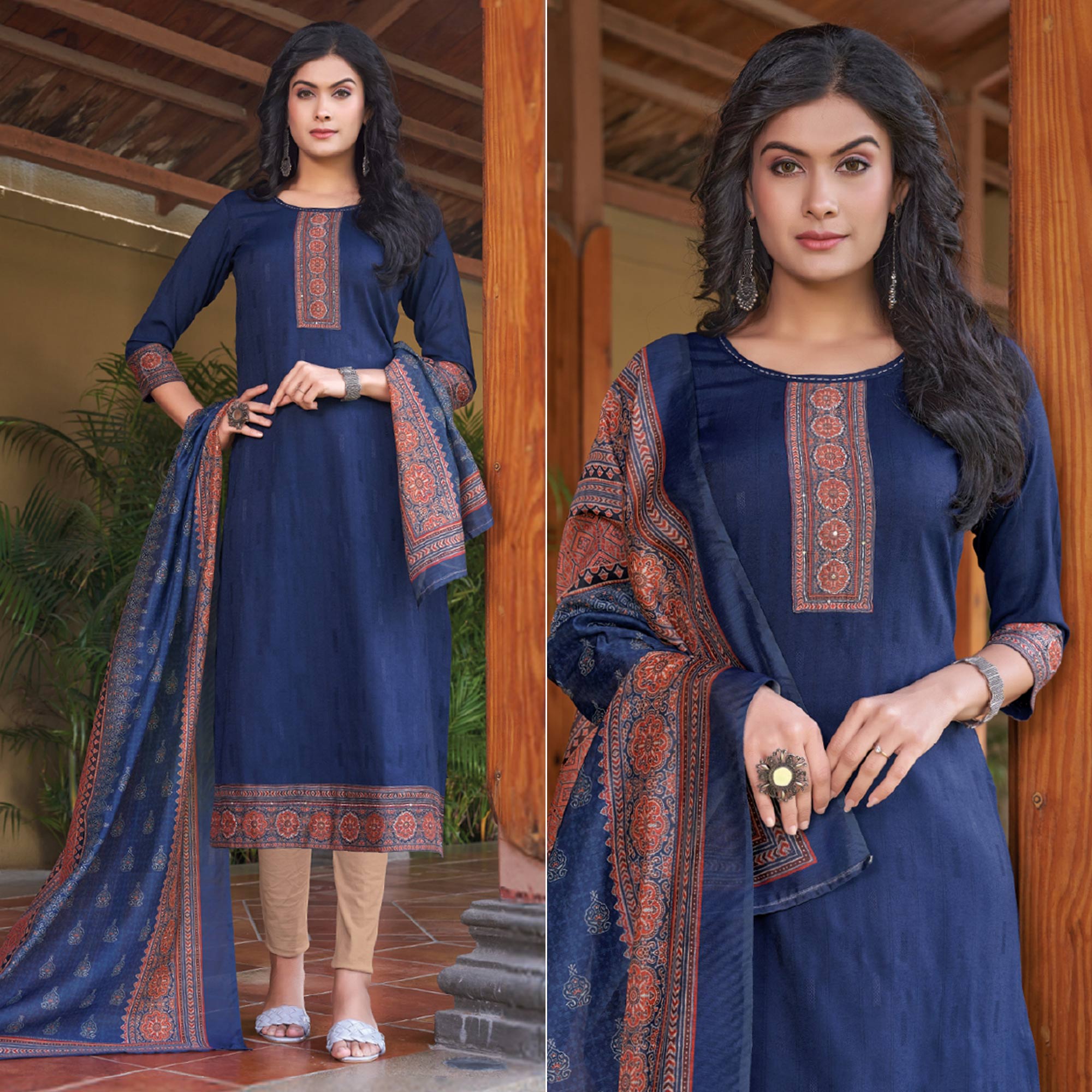 Blue Embroidered Rayon Kurti With Dupatta