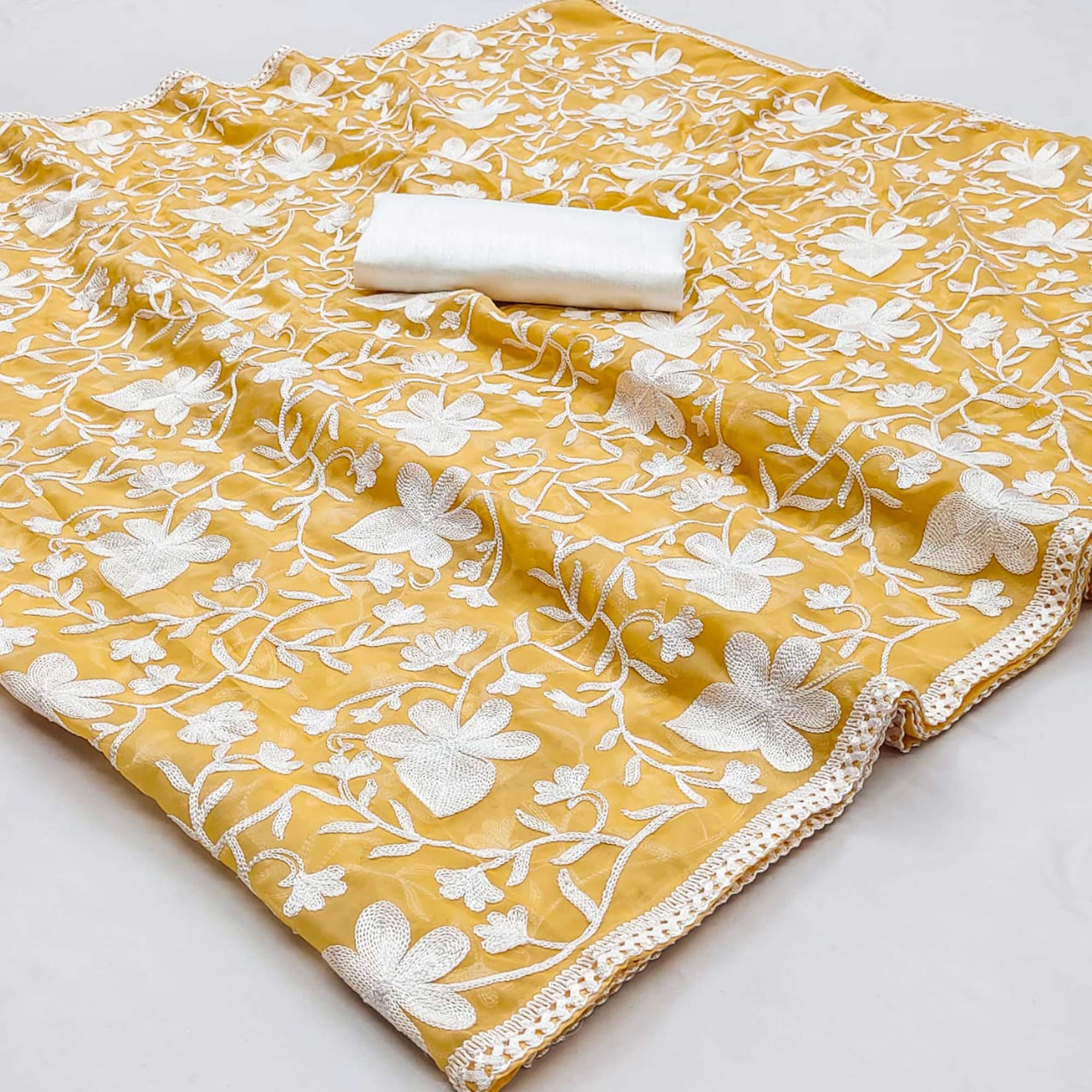 Yellow Floral Embroidered Organza Saree