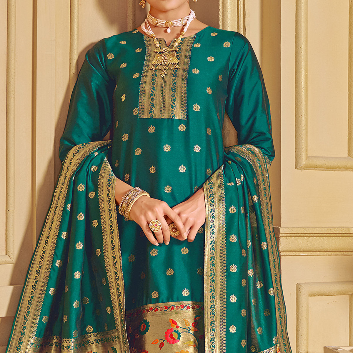 Green Floral Woven Tapetta Silk Salwar Suit