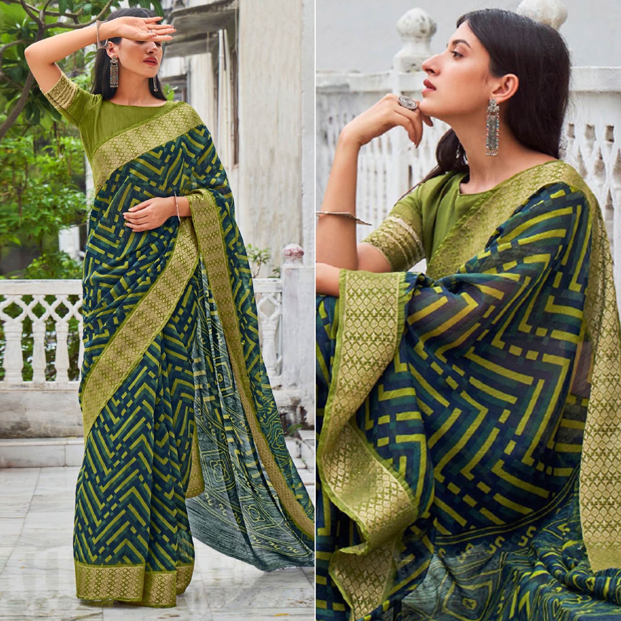 Green-Blue Printed With Woven Border Raw Silk Saree