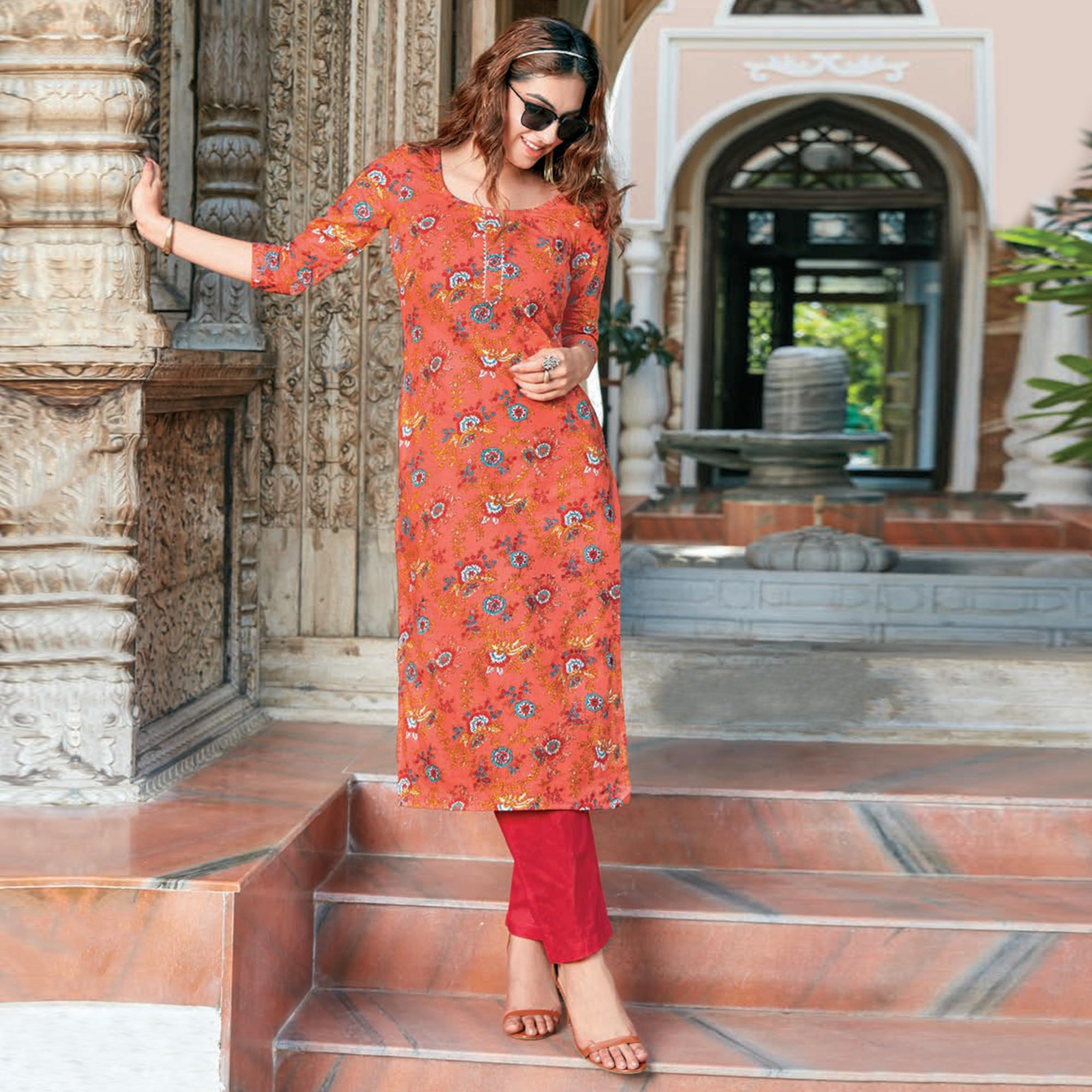 Peach Floral Printed Cotton Blend Kurti