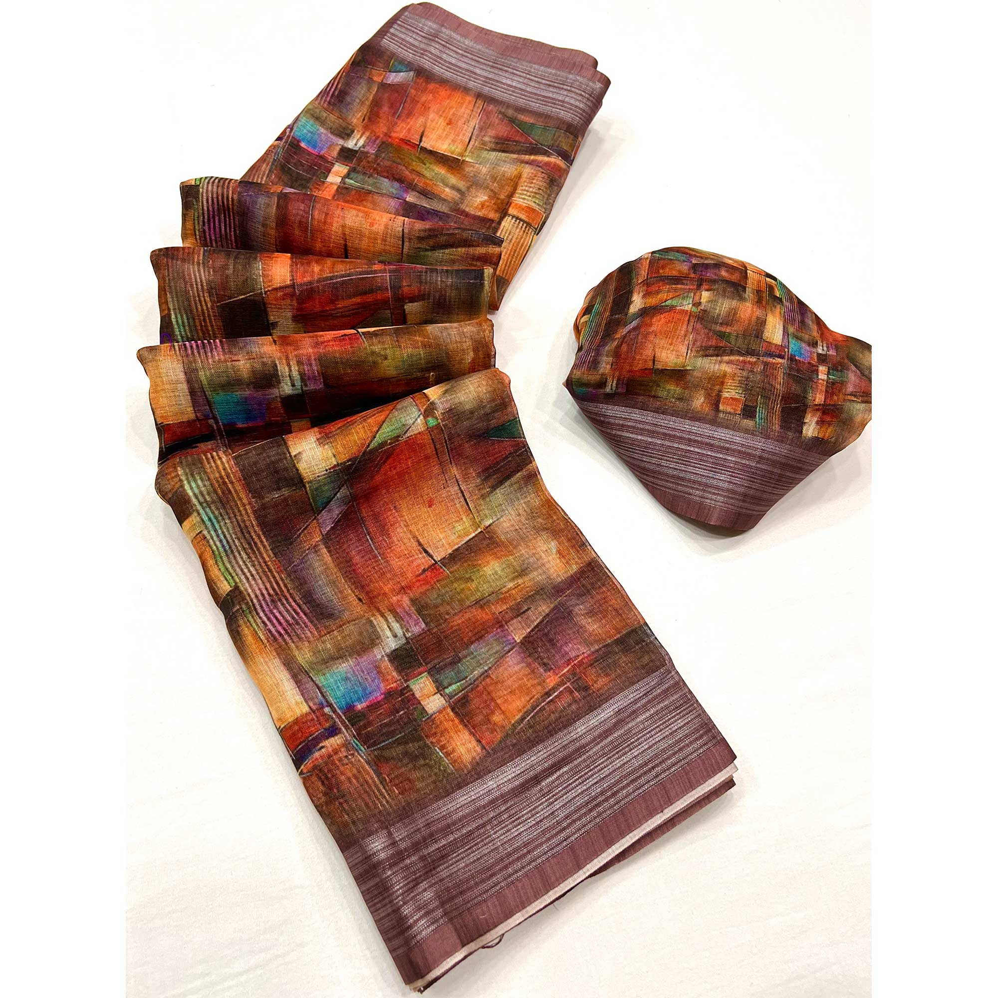 Multicolored Digital Printed Linen Saree