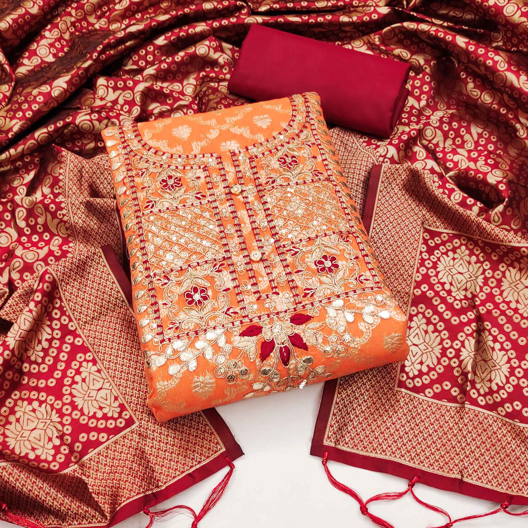 Orange Woven With Embroidered Chanderi Dress Material