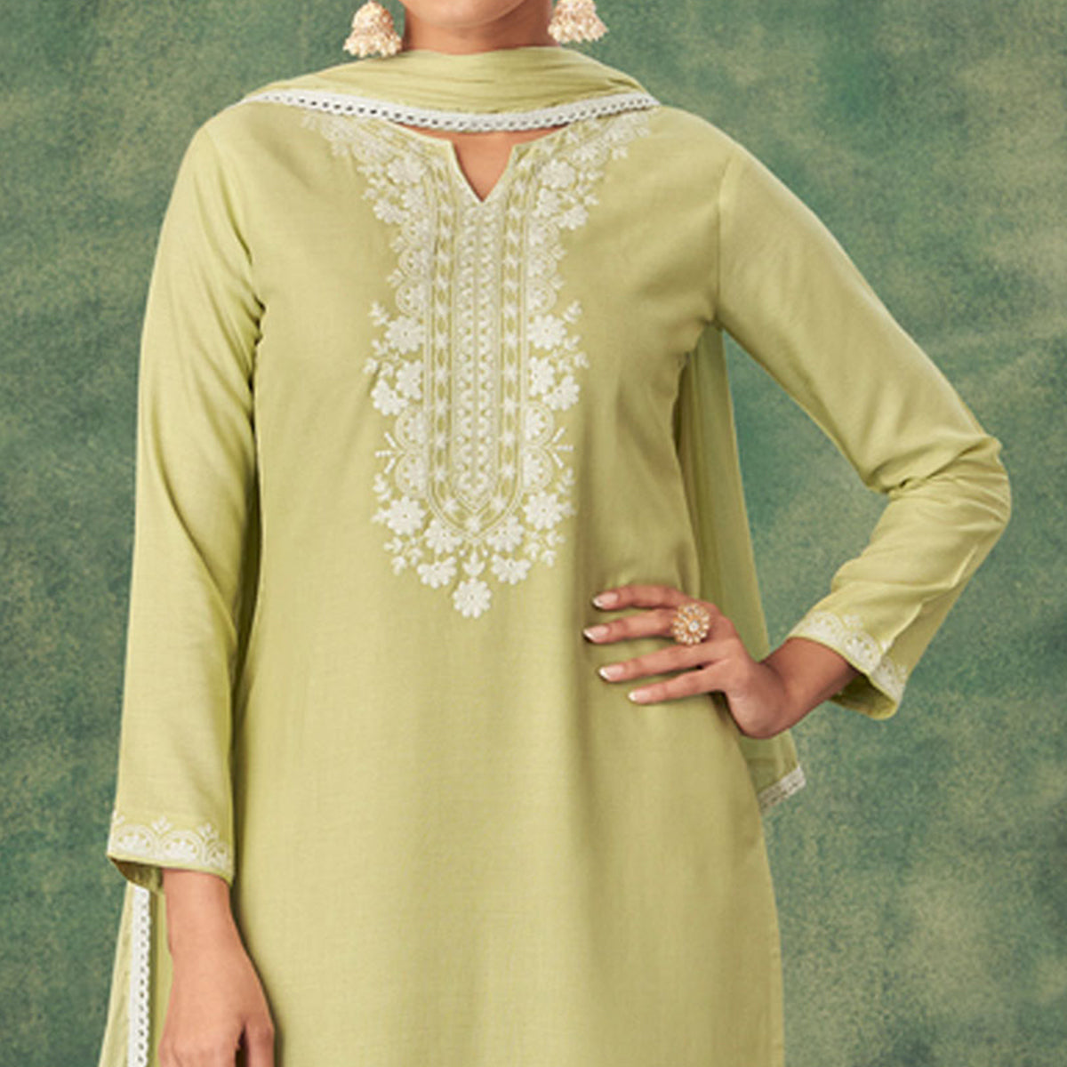 Green Floral Lucknowi Rayon Palazzo Suit