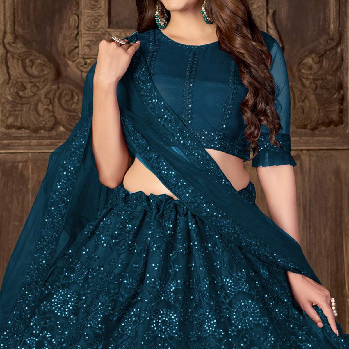 Teal Blue Sequins Embroidered Netted Lehenga Choli