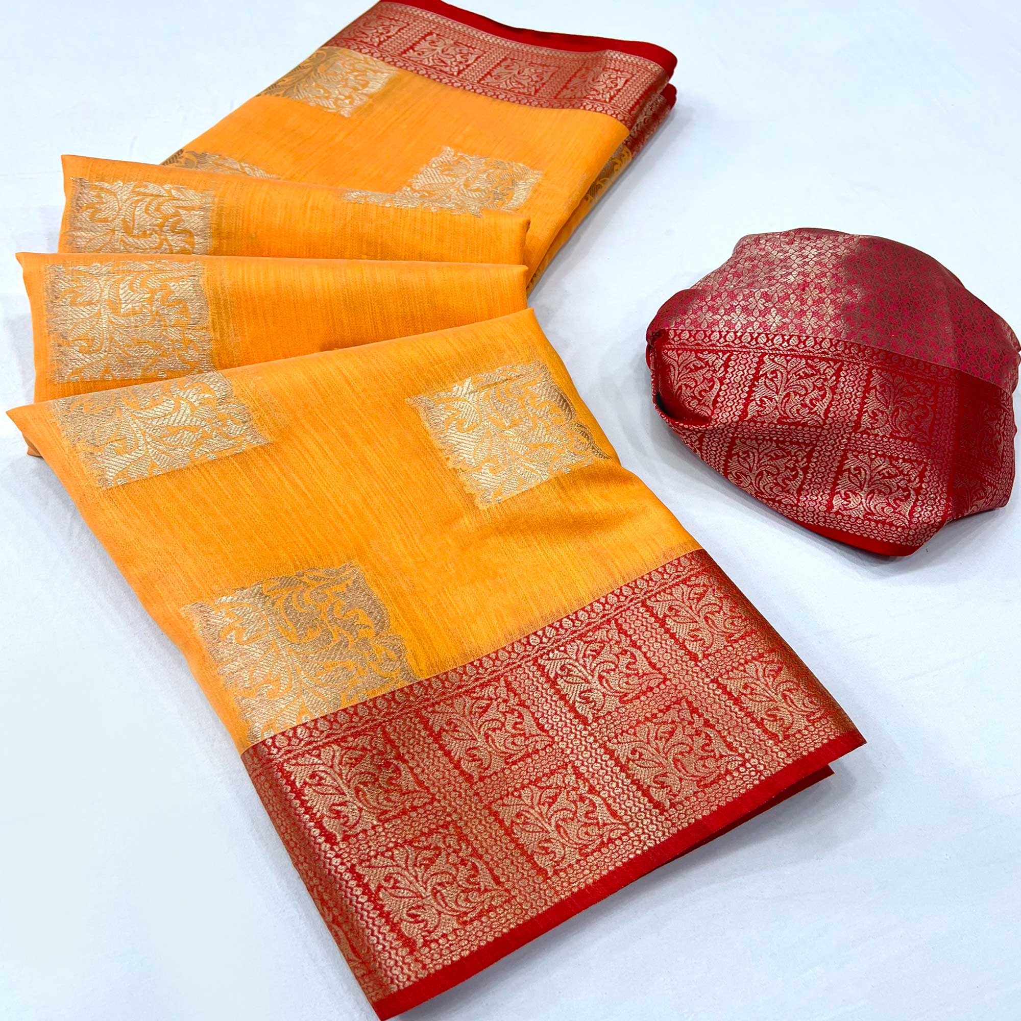 Orange Woven Linen Saree With Tassels