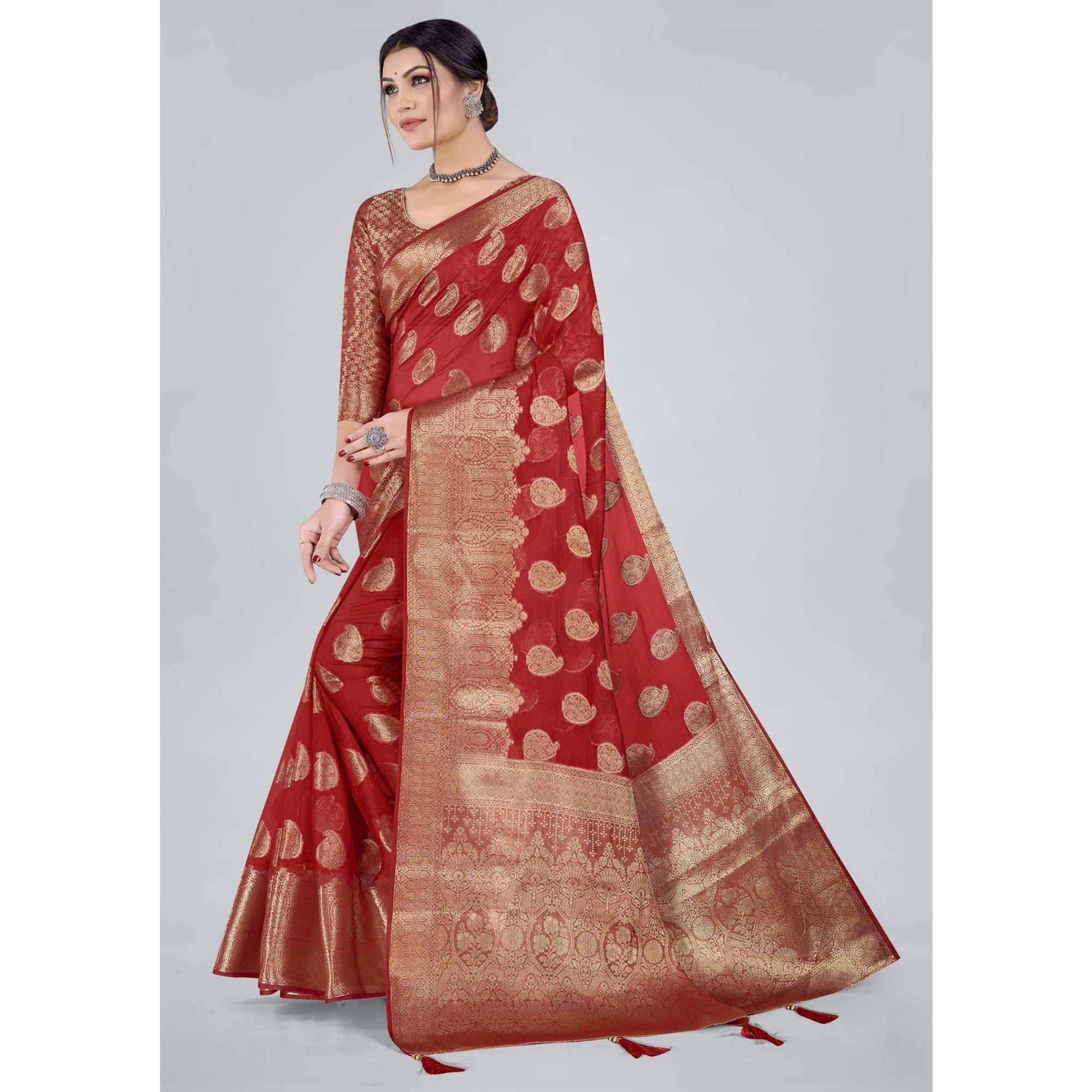 Red Woven Organza Saree With Tassels