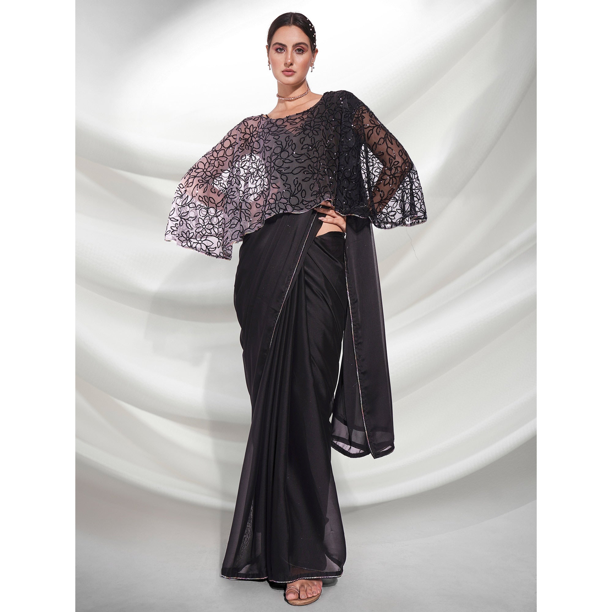 Black Solid Georgette Saree With Fancy Border