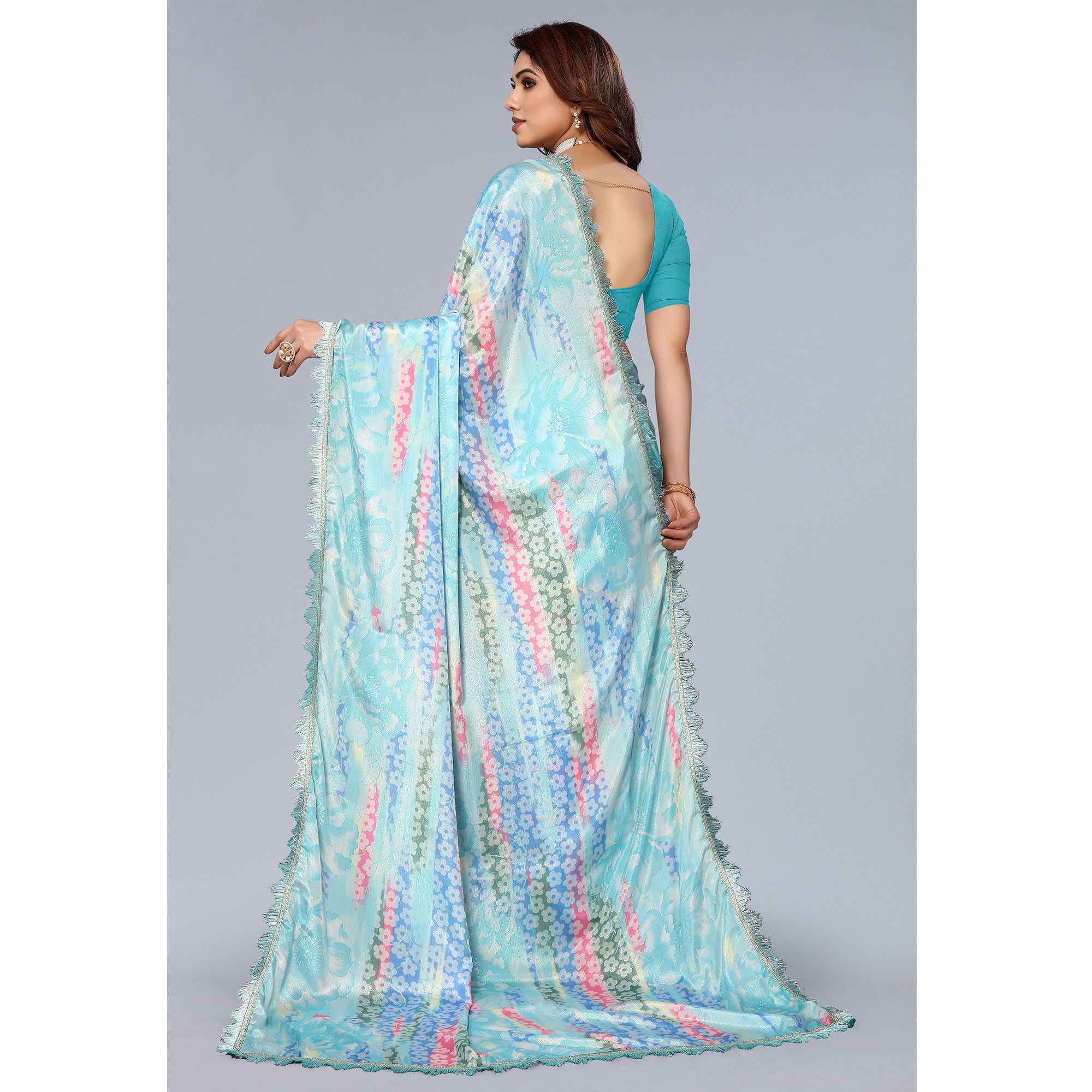 Sky Blue Floral Printed Art Silk Saree With Crochet Border