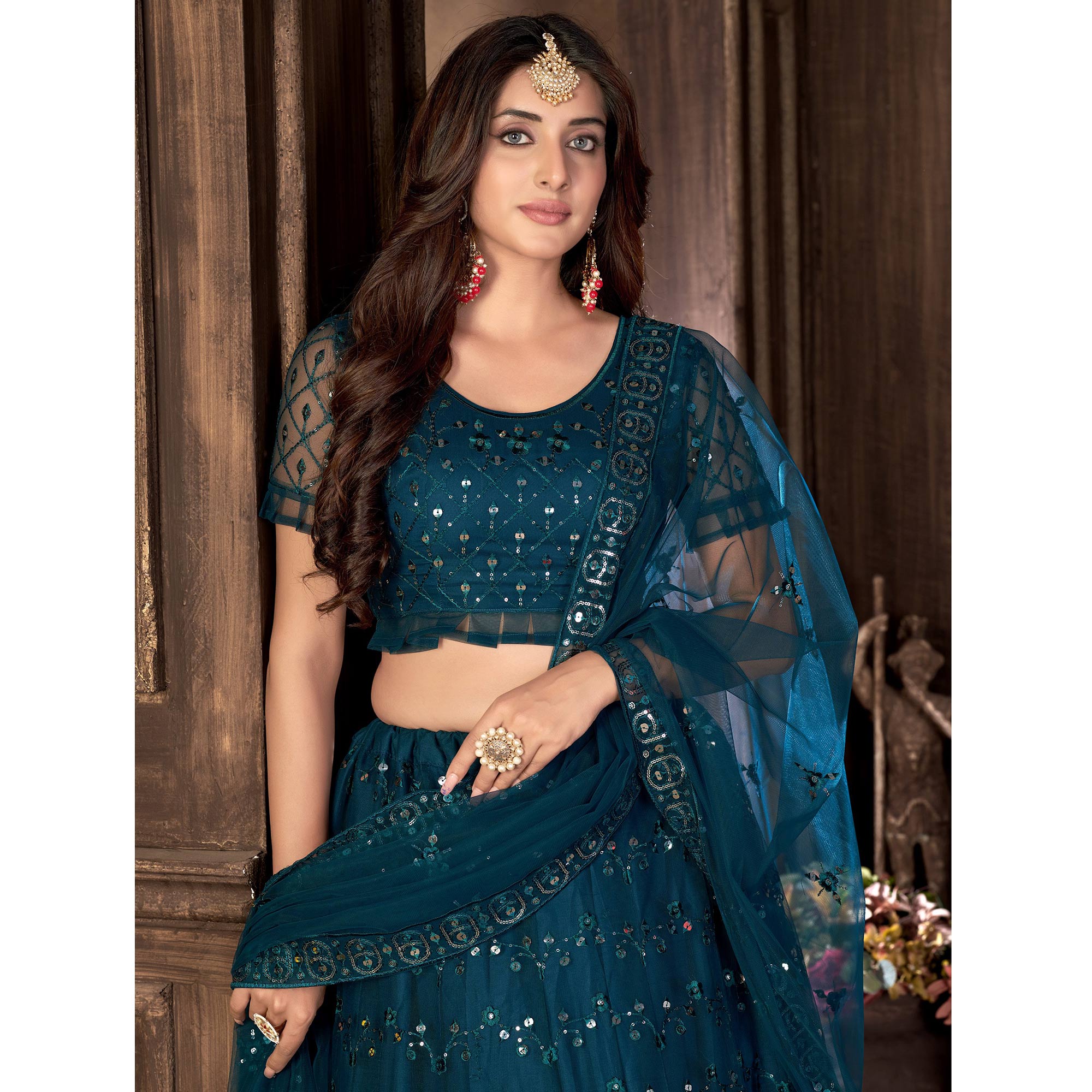 Blue Sequins Embroidered Net Lehenga Choli