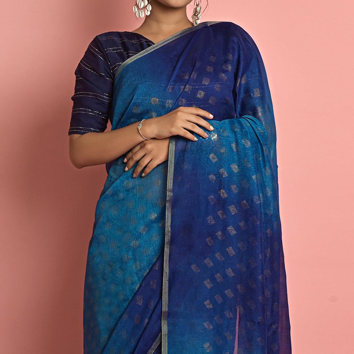 Blue & Navy Blue Foil Printed Cotton Blend Saree