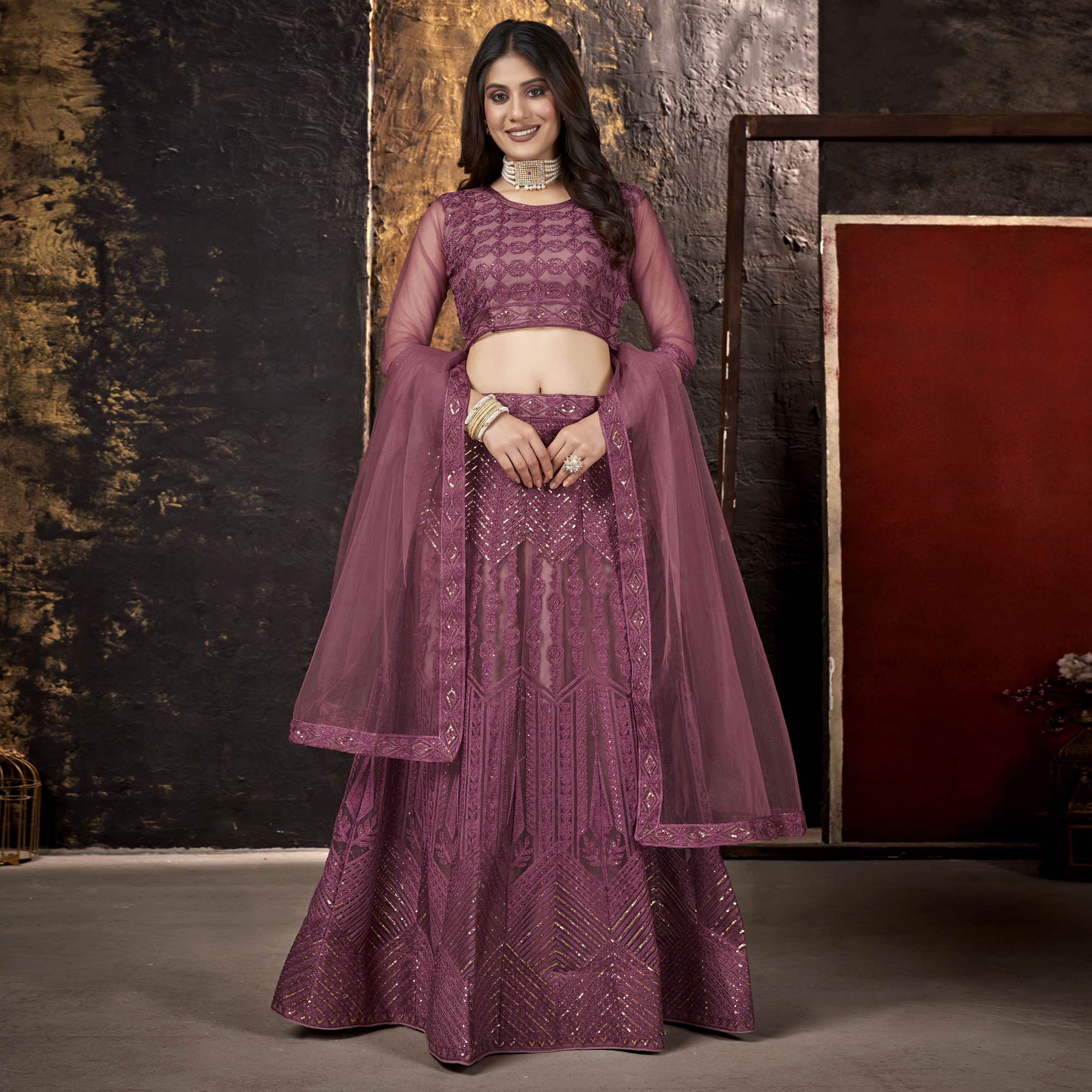 Plum Purple Sequins Embroidered Net Lehenga Choli