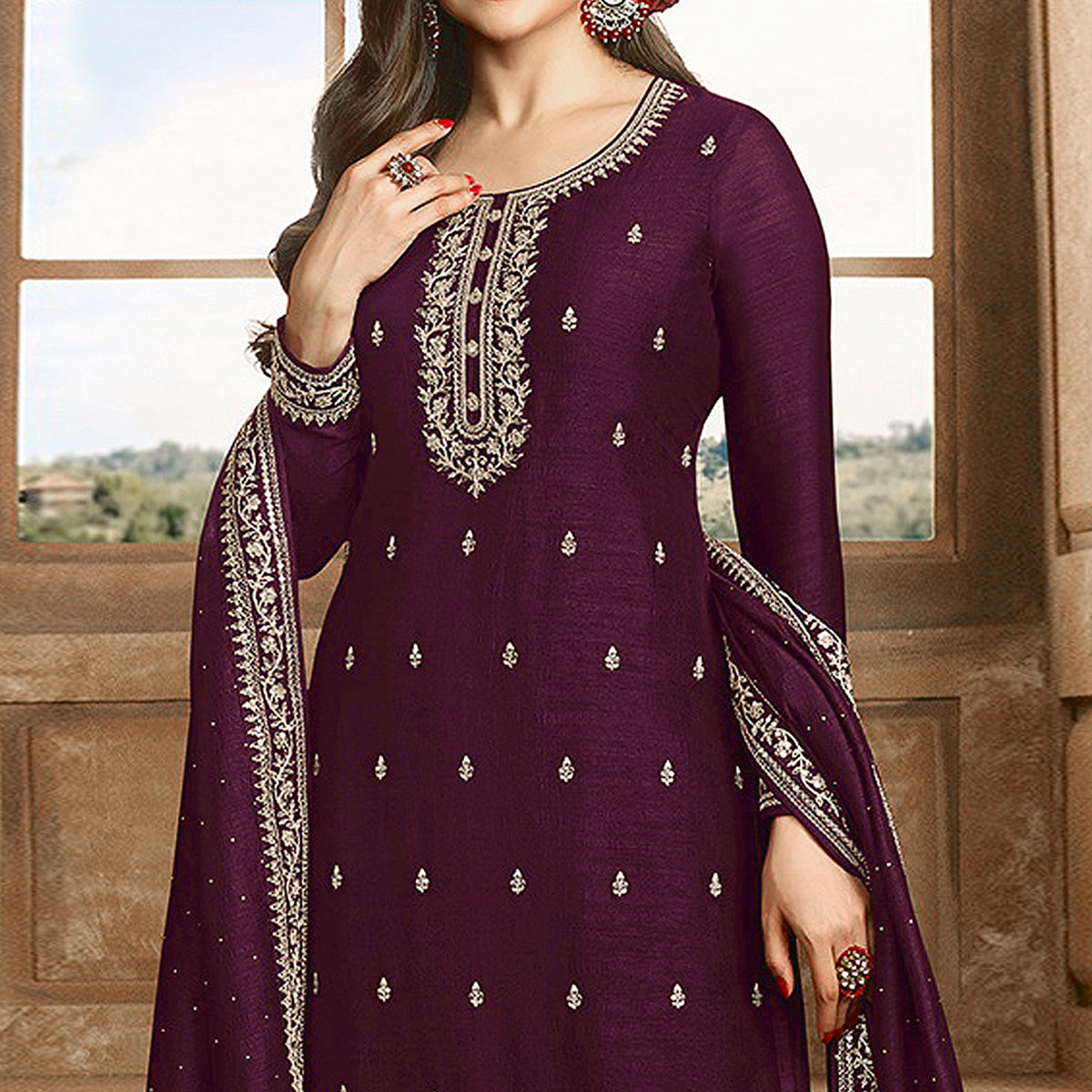 Wine Floral Embroidered Georgette Semi Stitched Palazzo Suit