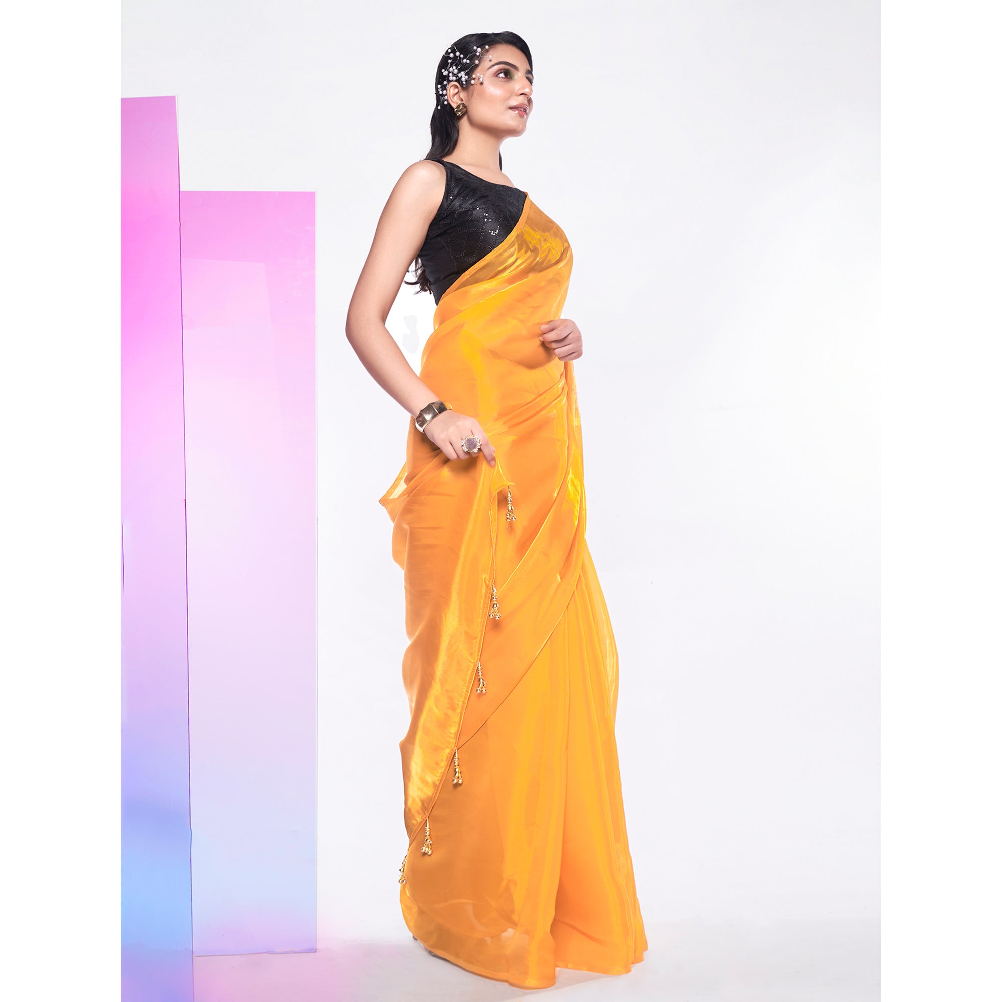 Mustard Solid Organza Saree With Tassels